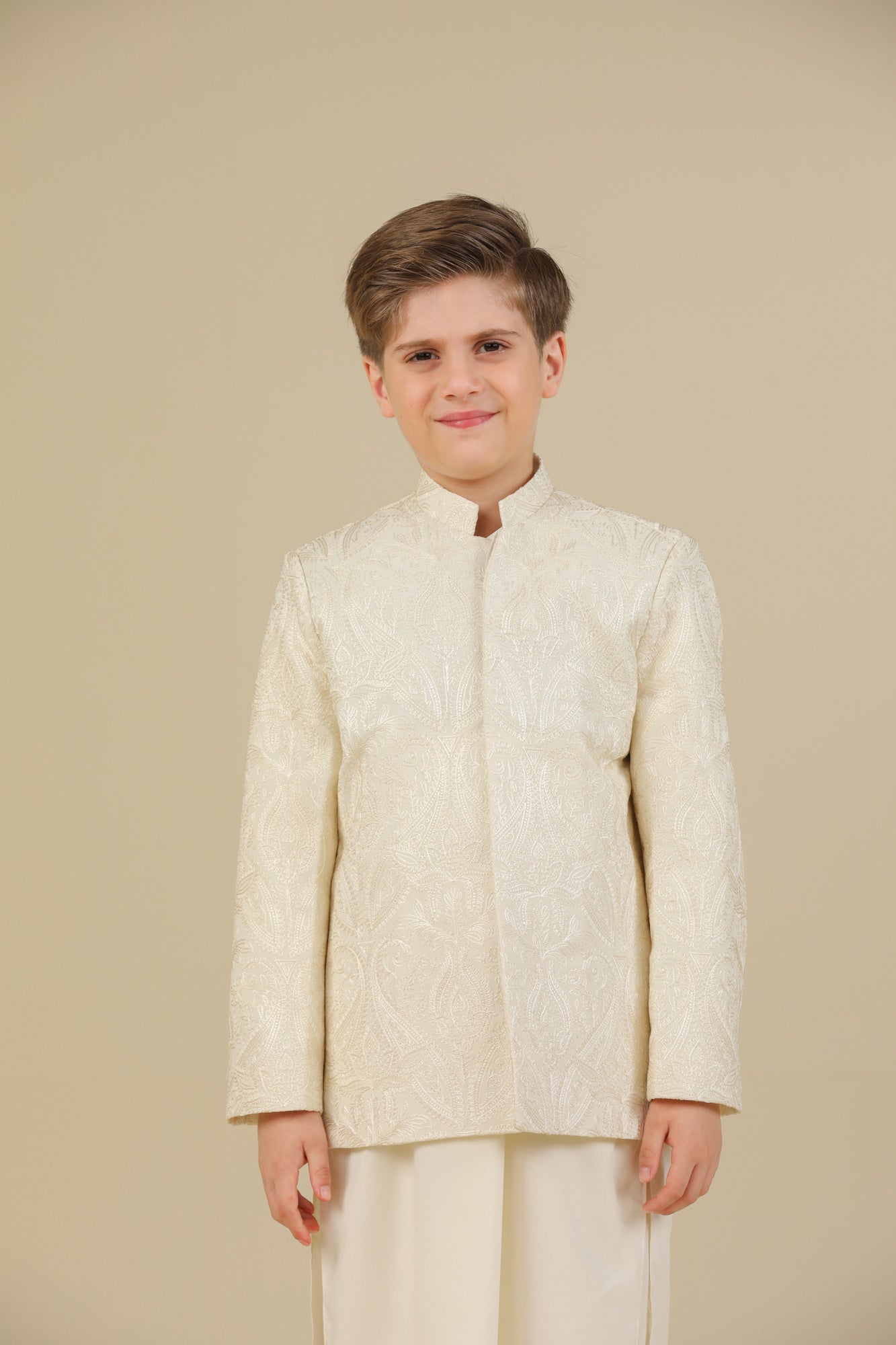 Bosky White Cross Stitched Embroidered Prince Coat - Kids