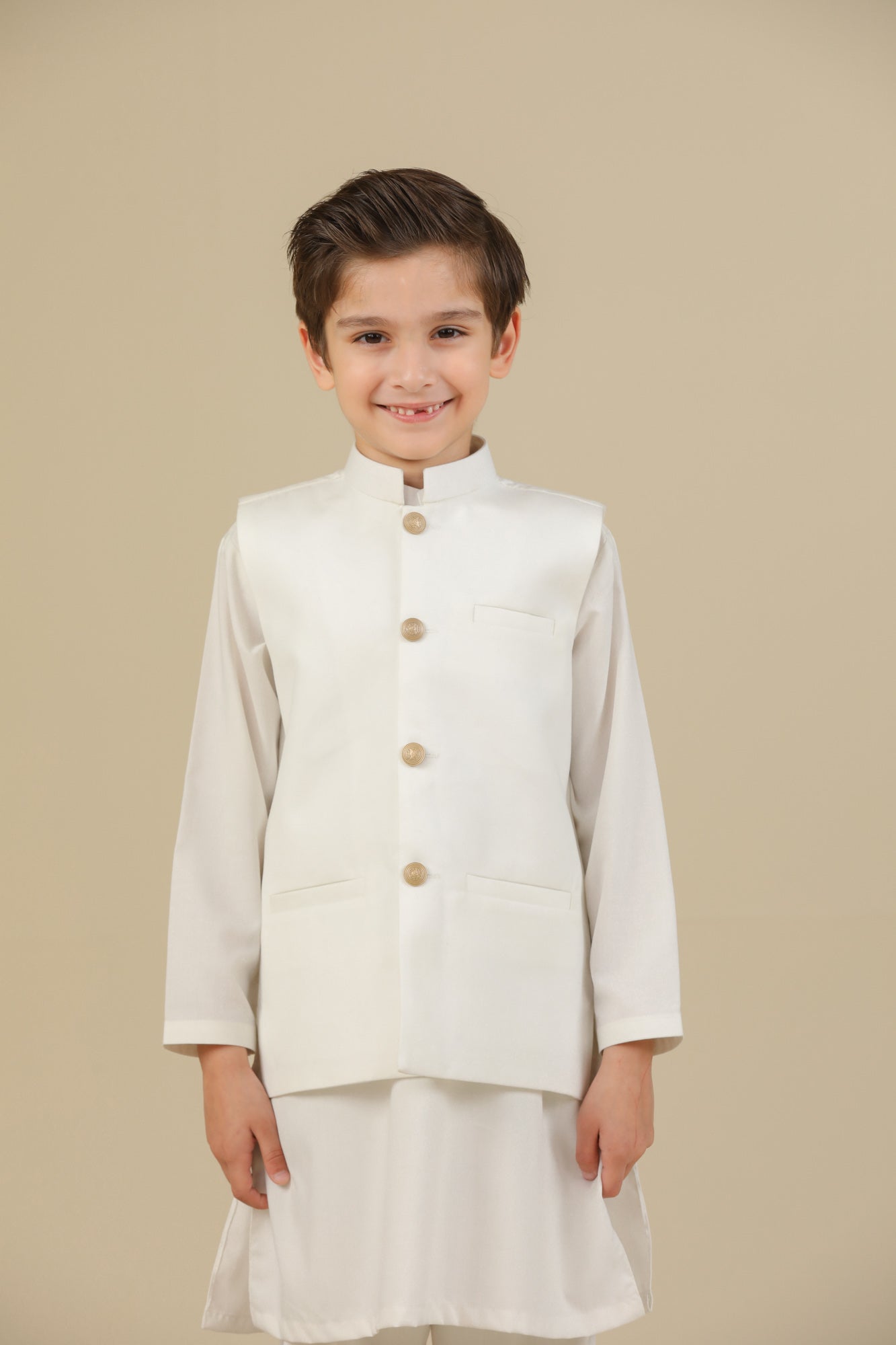 Off White Kurta Trouser with Suiting Waistcoat - Straight Cut - Kids