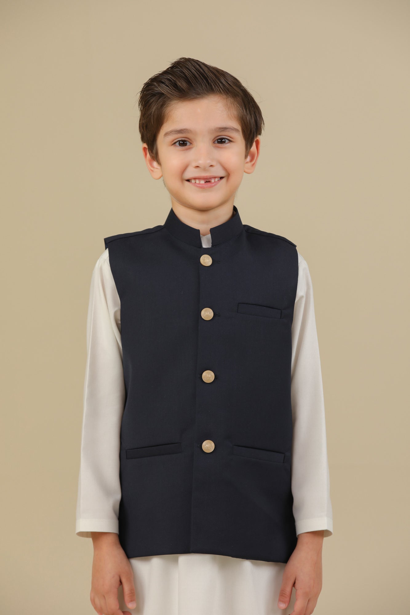 Off White Kurta Trouser with Blue Suiting Waistcoat - Straight Cut - Kids