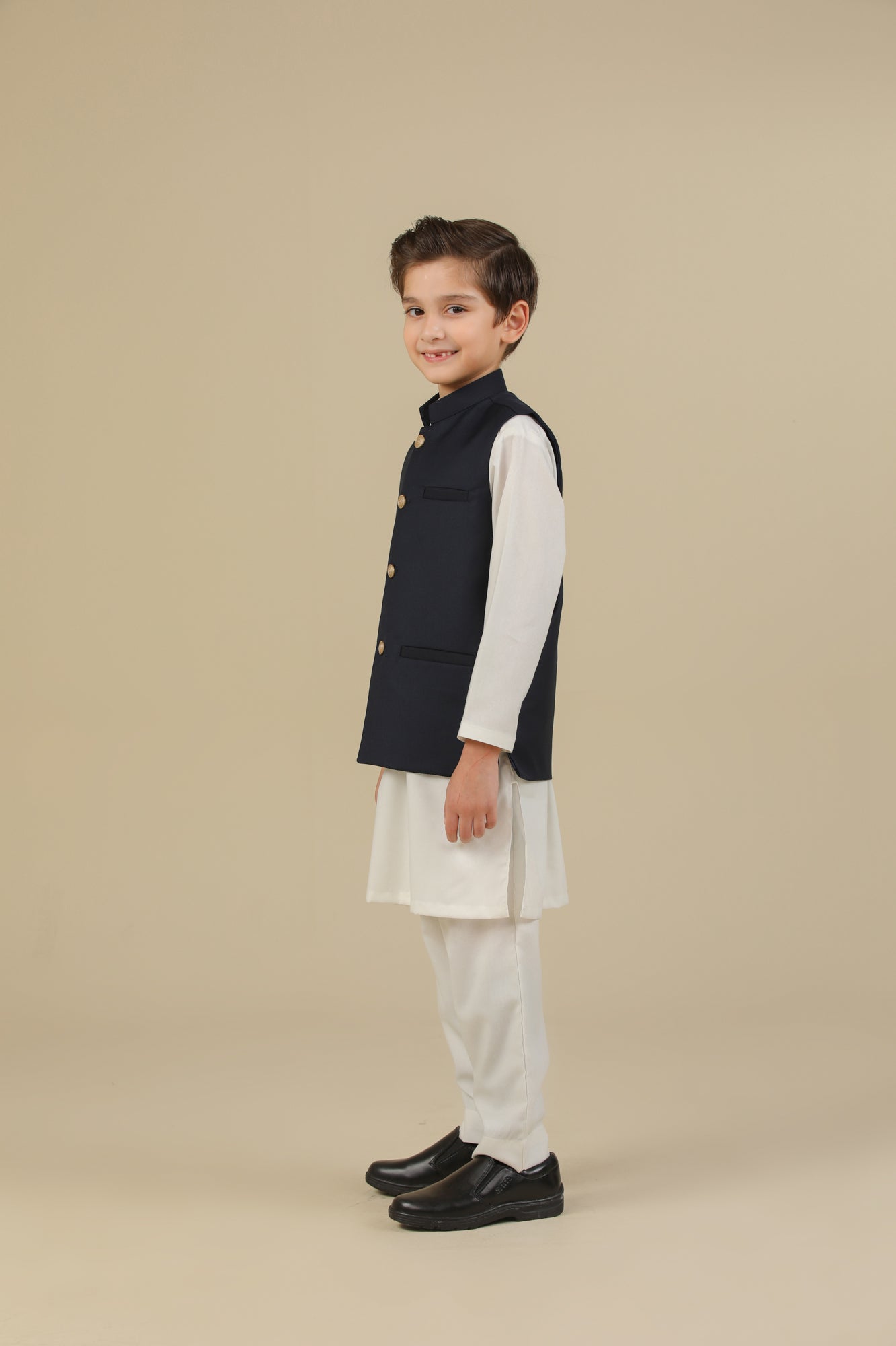 Off White Kurta Trouser with Blue Suiting Waistcoat - Straight Cut - Kids