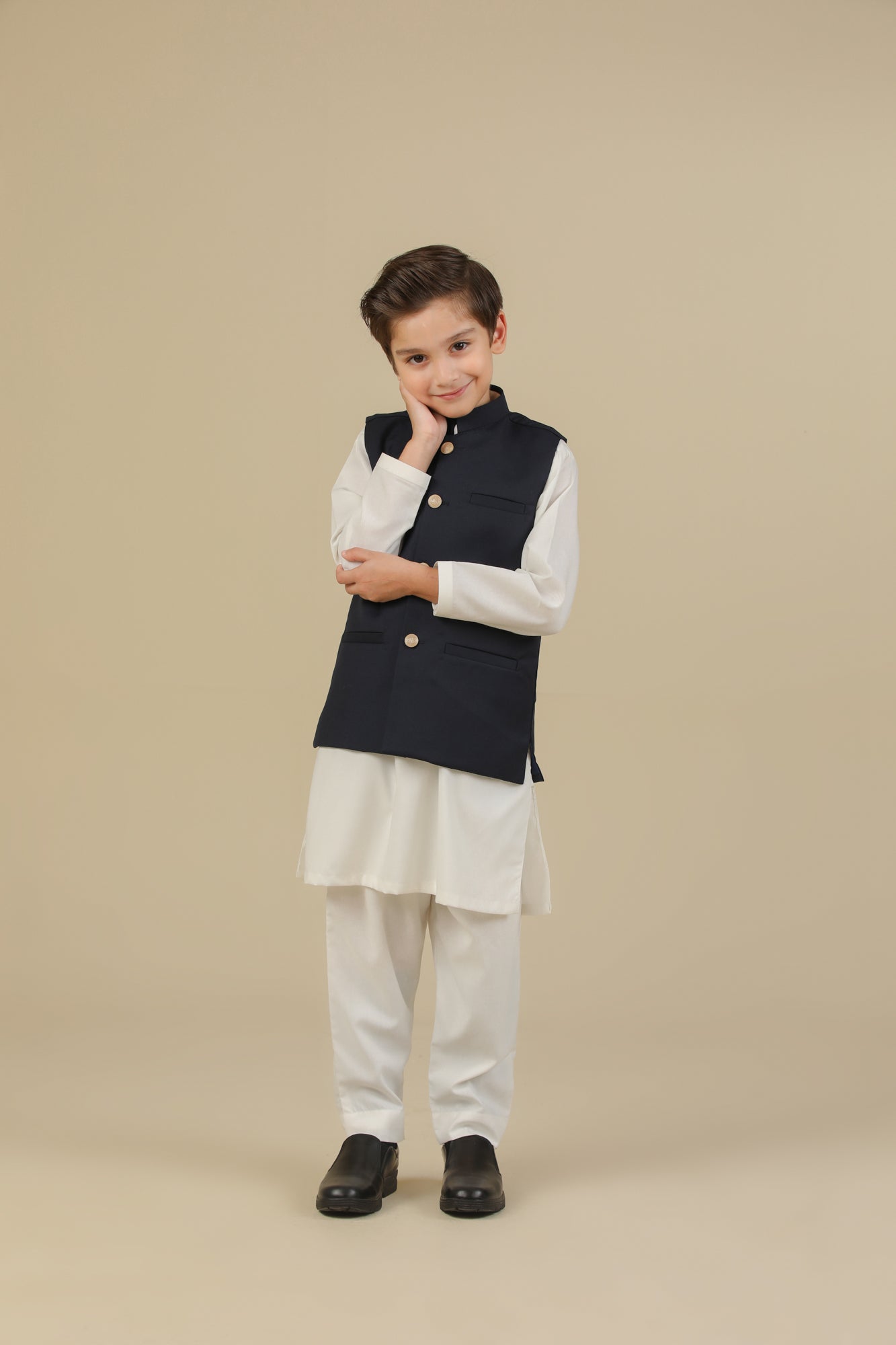 Off White Kurta Trouser with Blue Suiting Waistcoat - Straight Cut - Kids