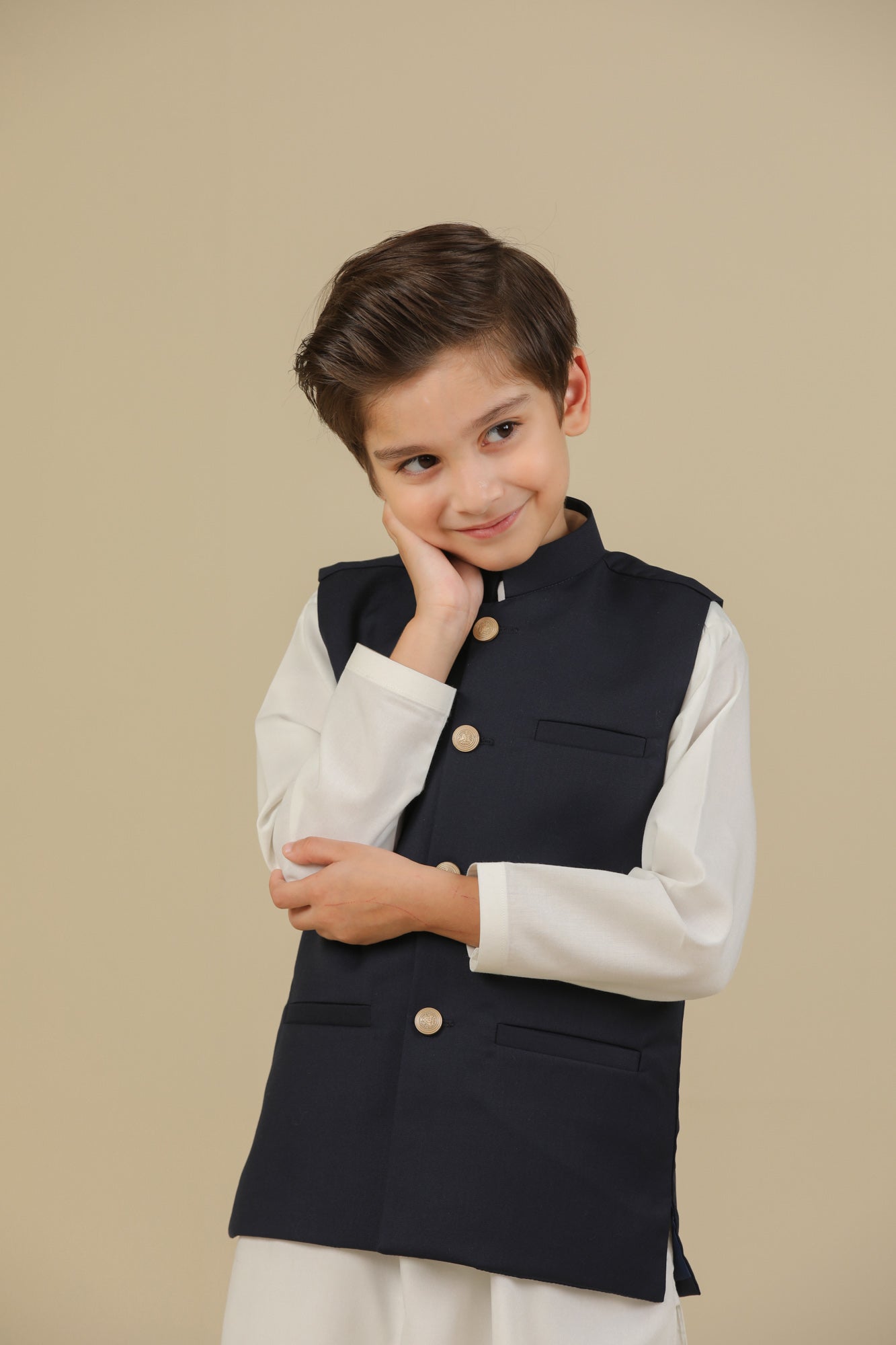 Off White Kurta Trouser with Blue Suiting Waistcoat - Straight Cut - Kids