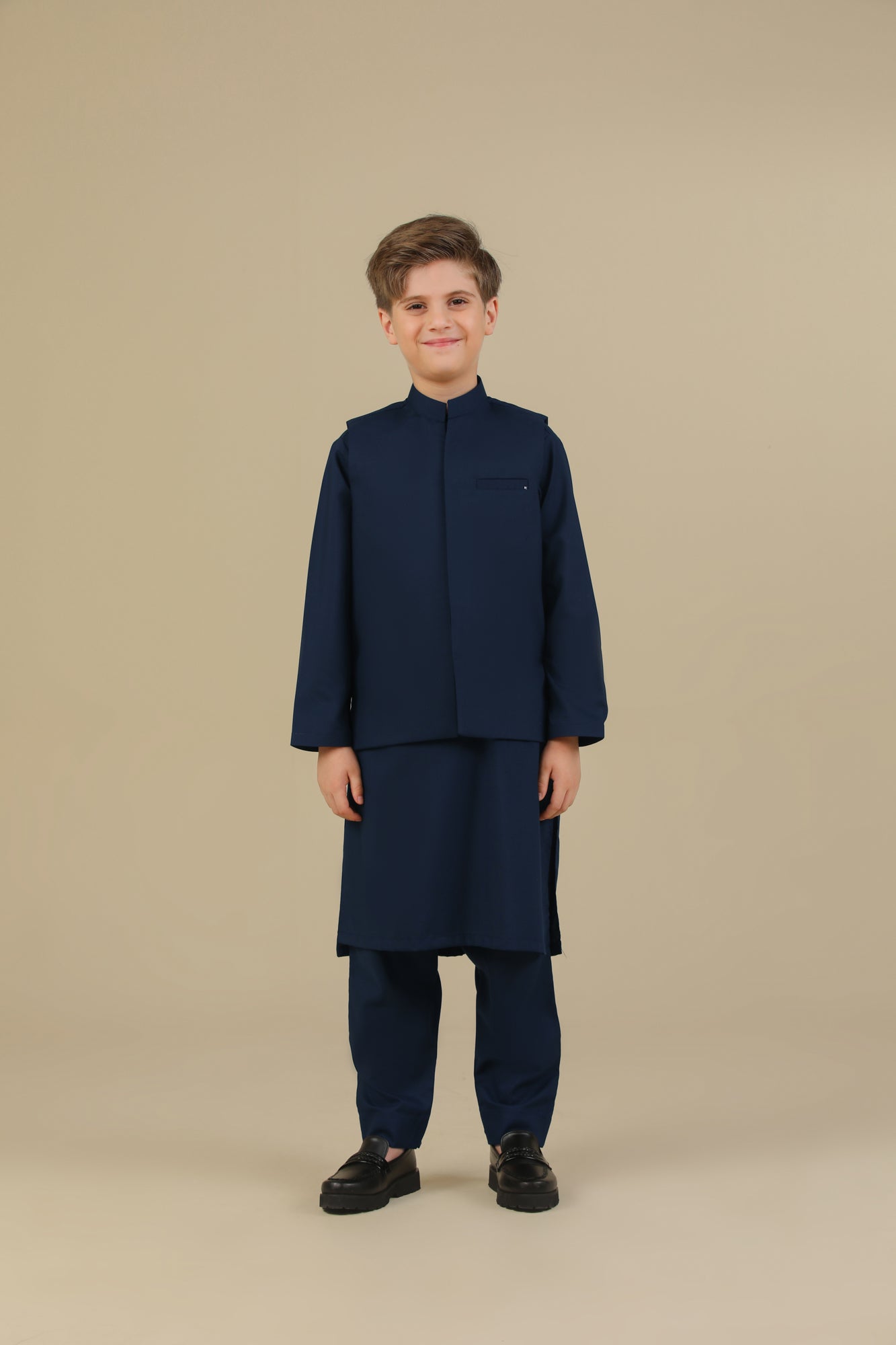 Navy Blue Kurta Trouser with Blended Waistcoat - Kids