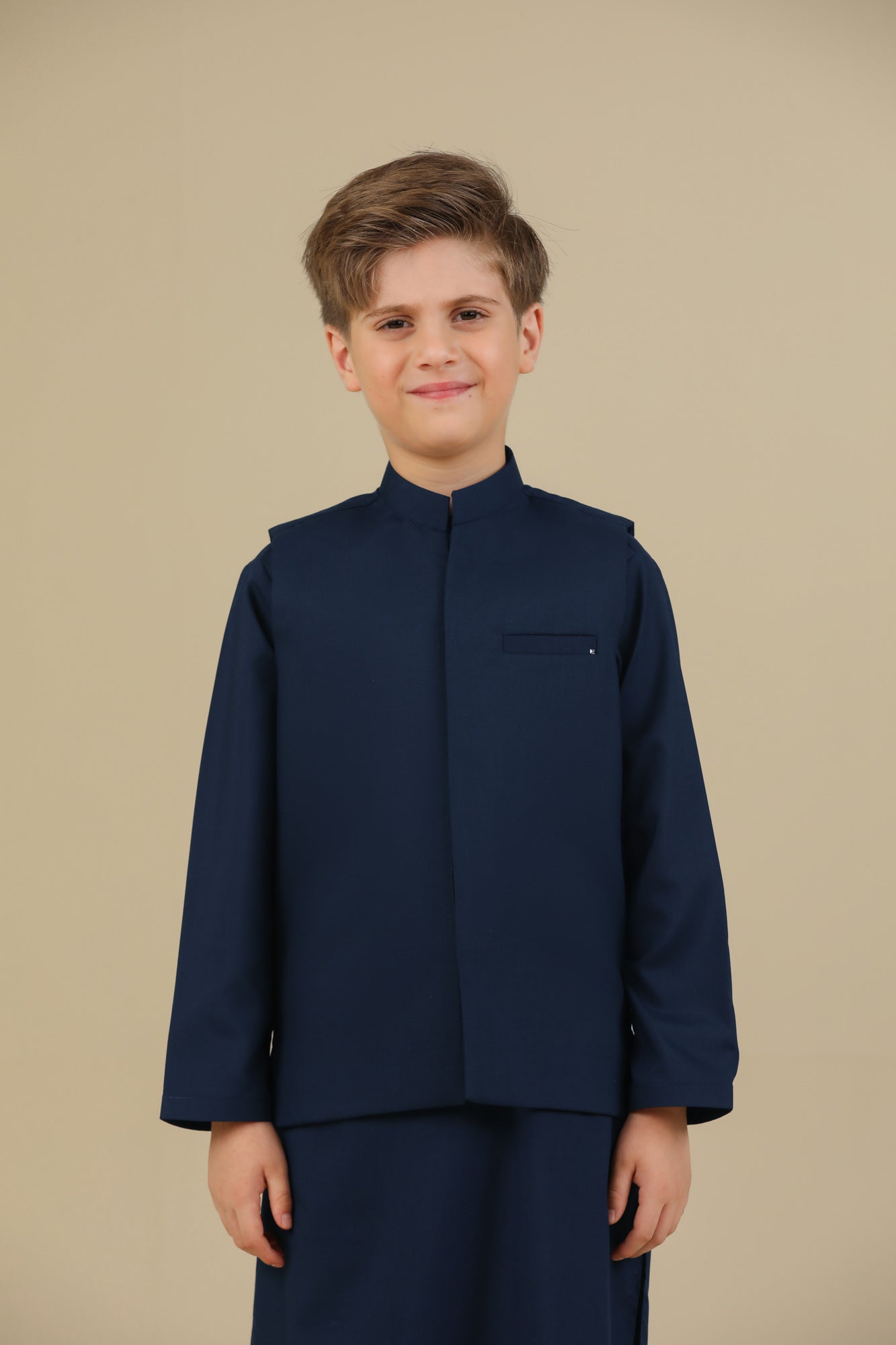 Navy Blue Kurta Trouser with Blended Waistcoat - Kids