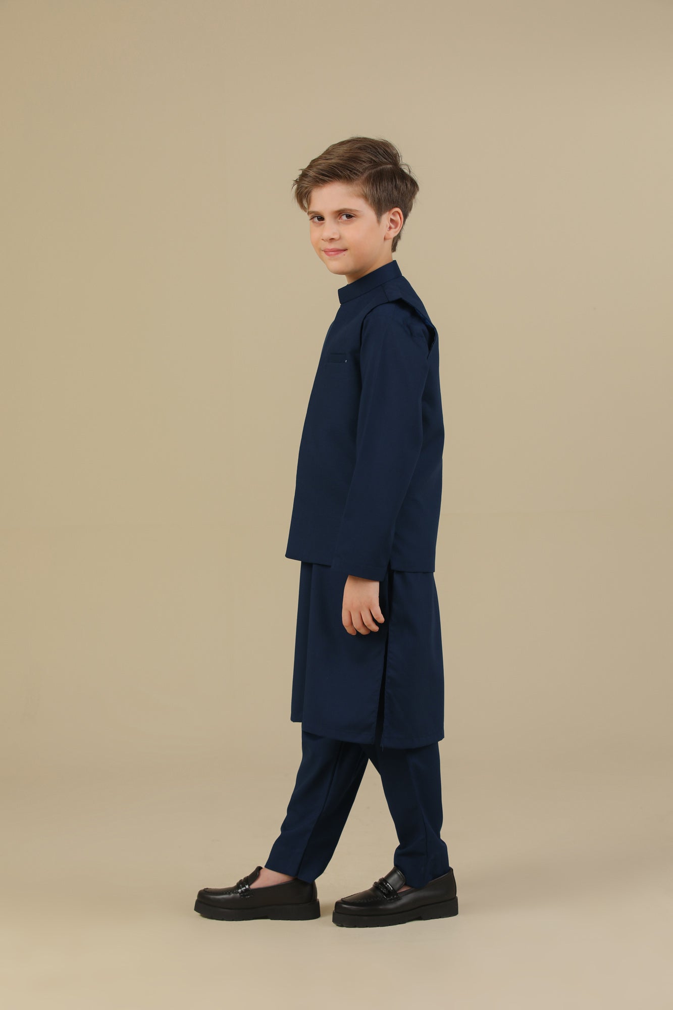 Navy Blue Kurta Trouser with Blended Waistcoat - Kids