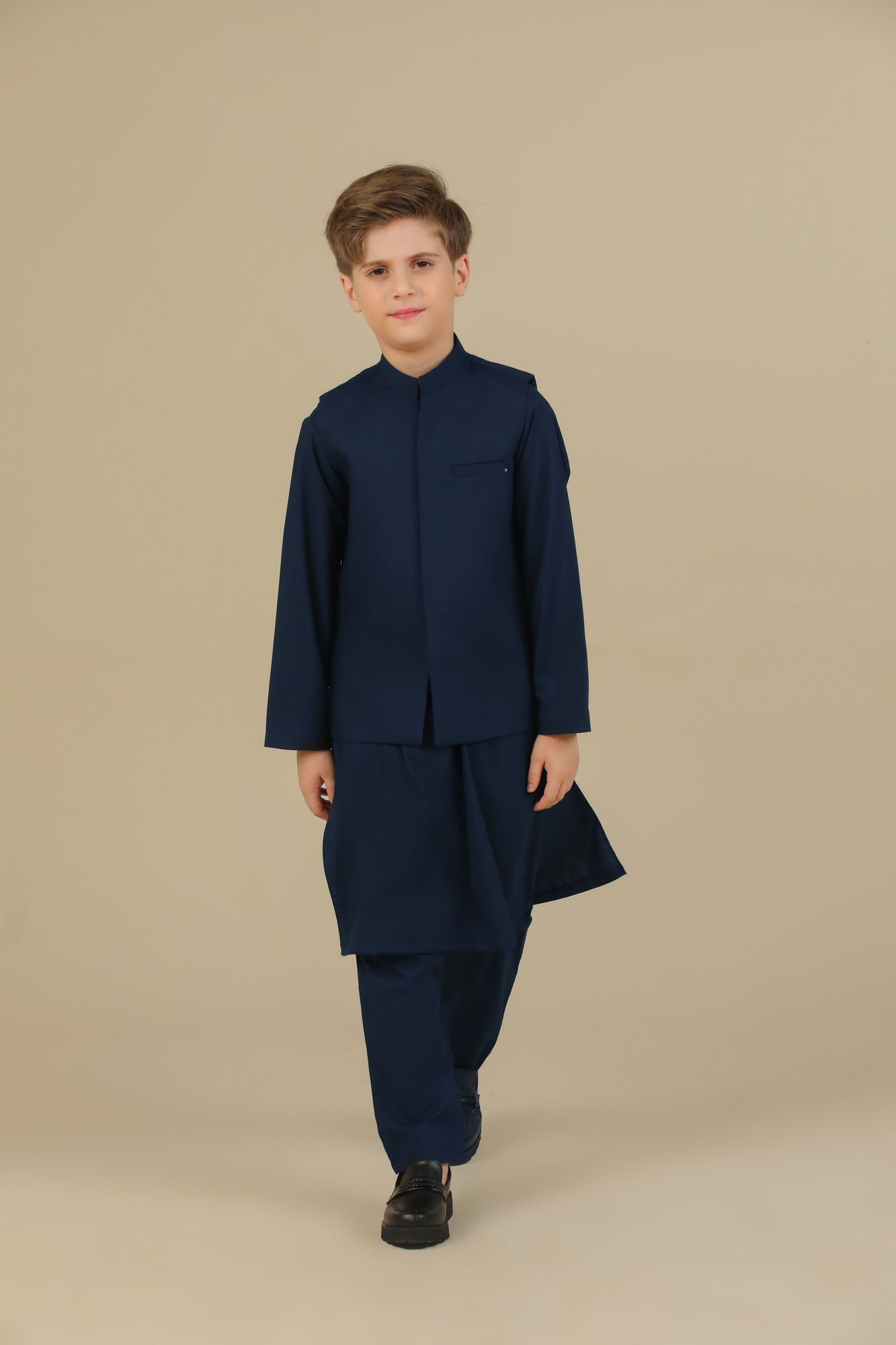 Navy Blue Kurta Trouser with Blended Waistcoat - Kids