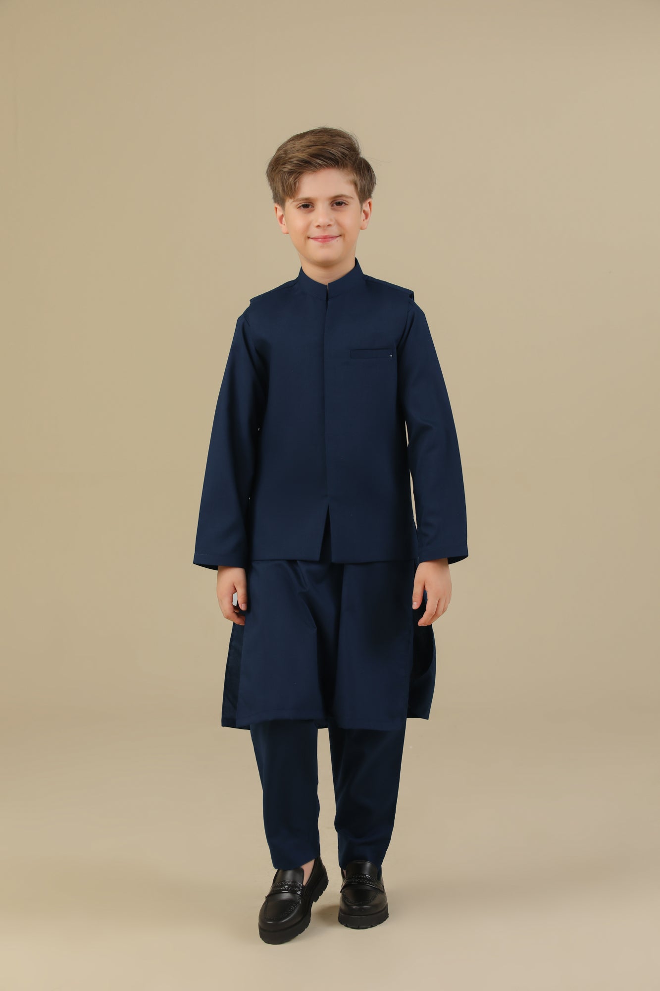 Navy Blue Kurta Trouser with Blended Waistcoat - Kids