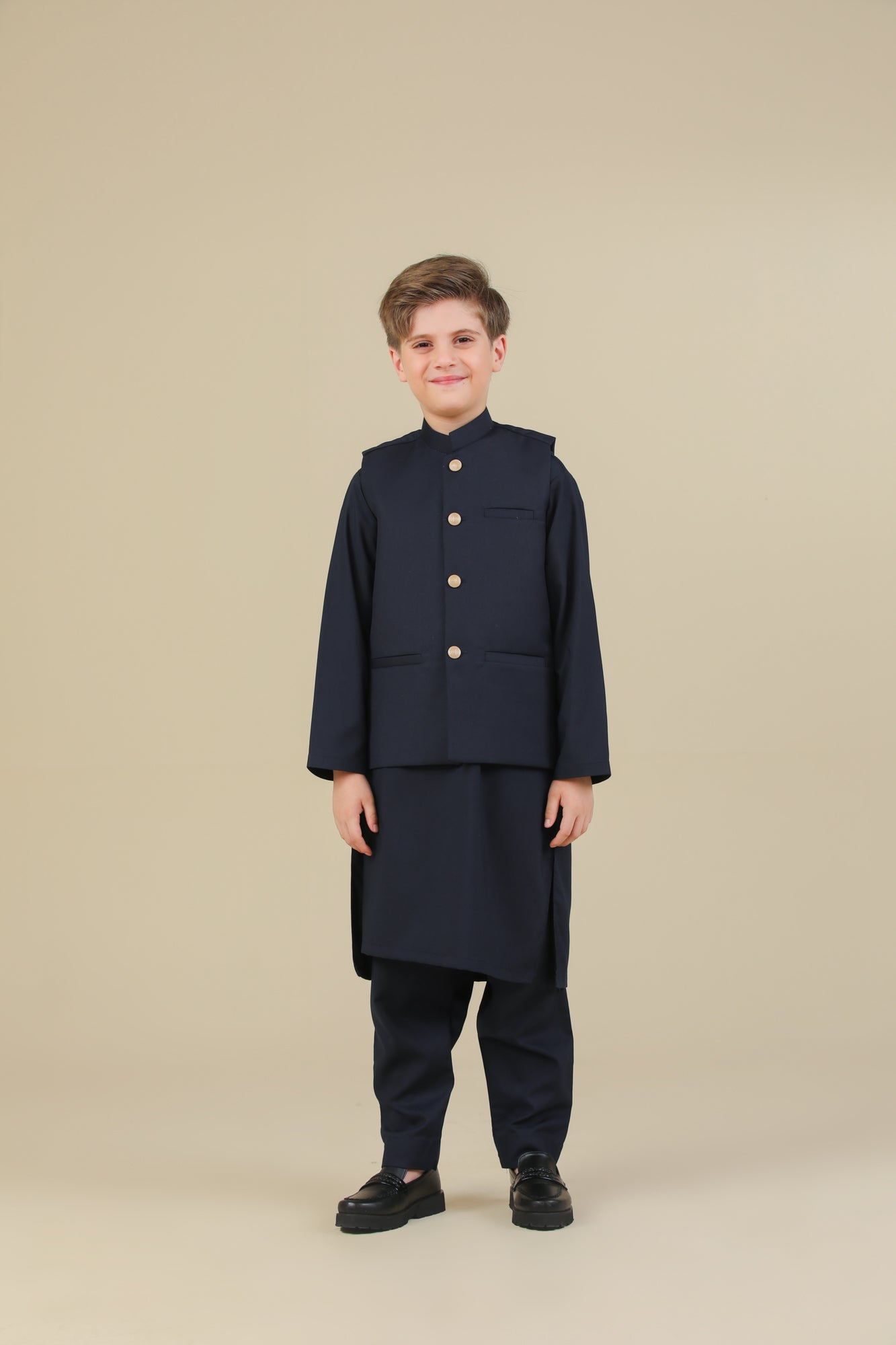 Navy Blue Kurta Trouser with Suiting Waistcoat - Straight Cut - Kids