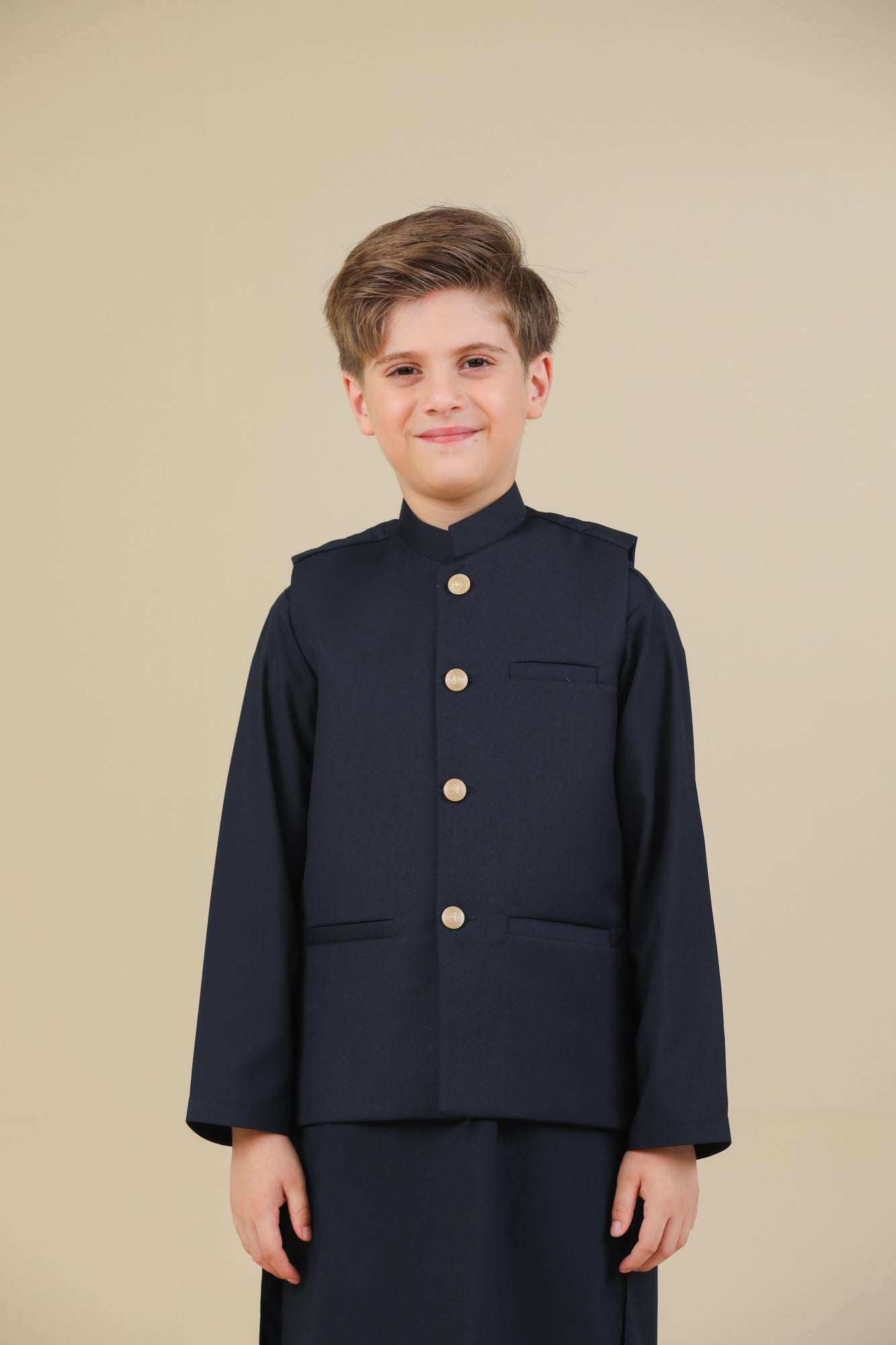 Navy Blue Kurta Trouser with Suiting Waistcoat - Straight Cut - Kids