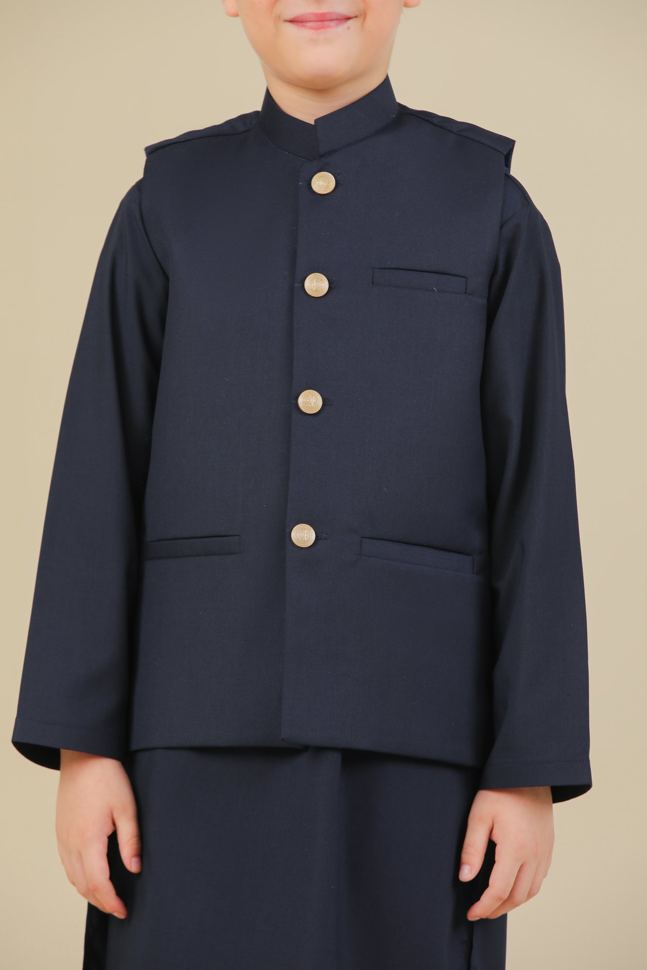 Navy Blue Kurta Trouser with Suiting Waistcoat - Straight Cut - Kids