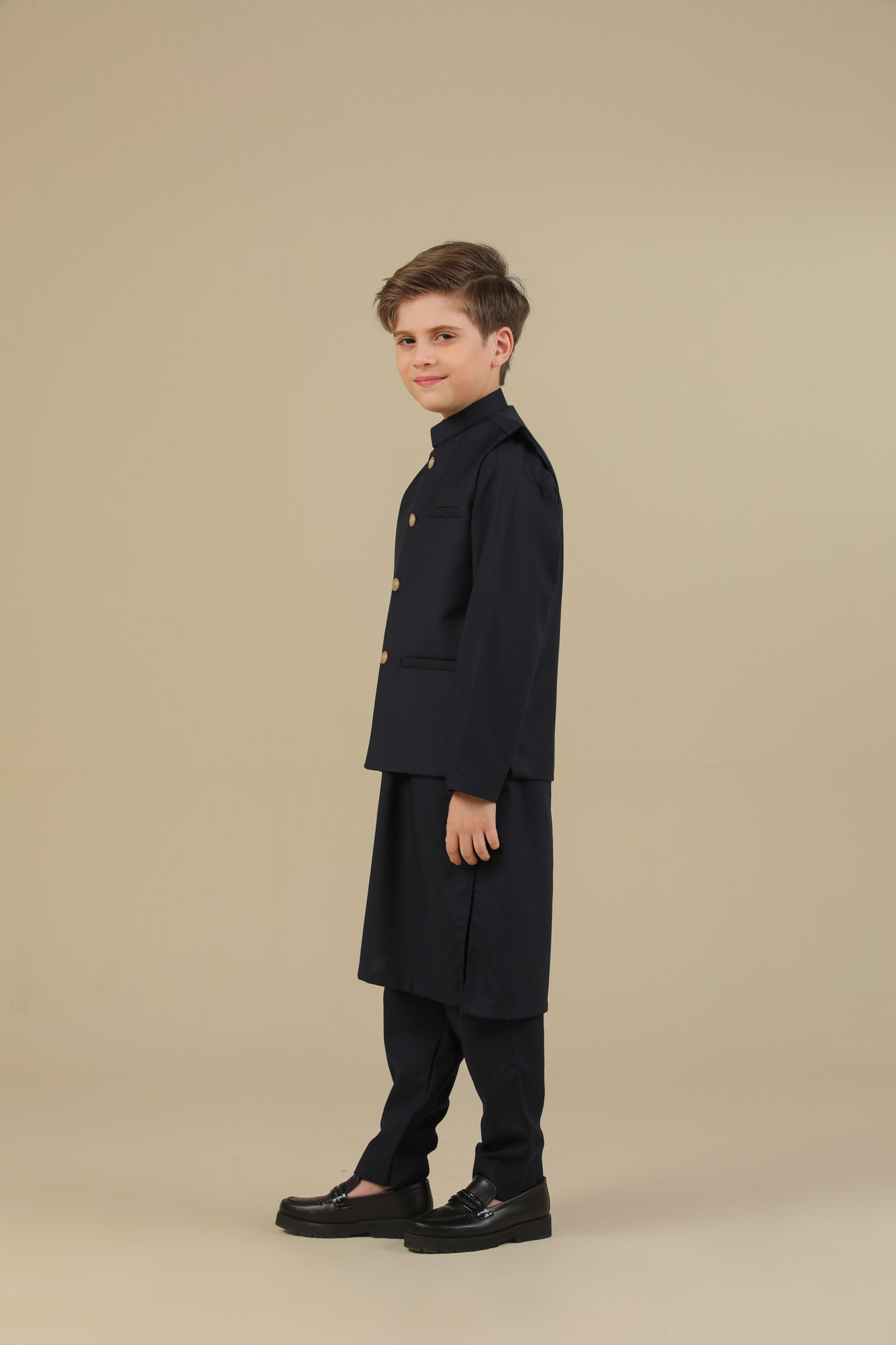Navy Blue Kurta Trouser with Suiting Waistcoat - Straight Cut - Kids