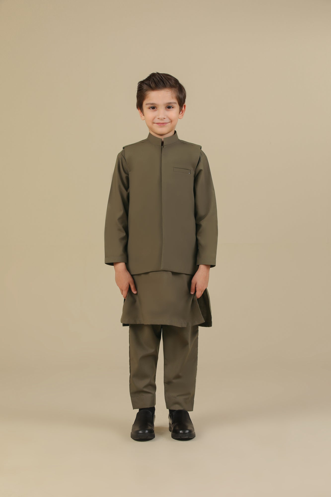 Olive Green Kurta Trouser with Blended Waistcoat - Kids