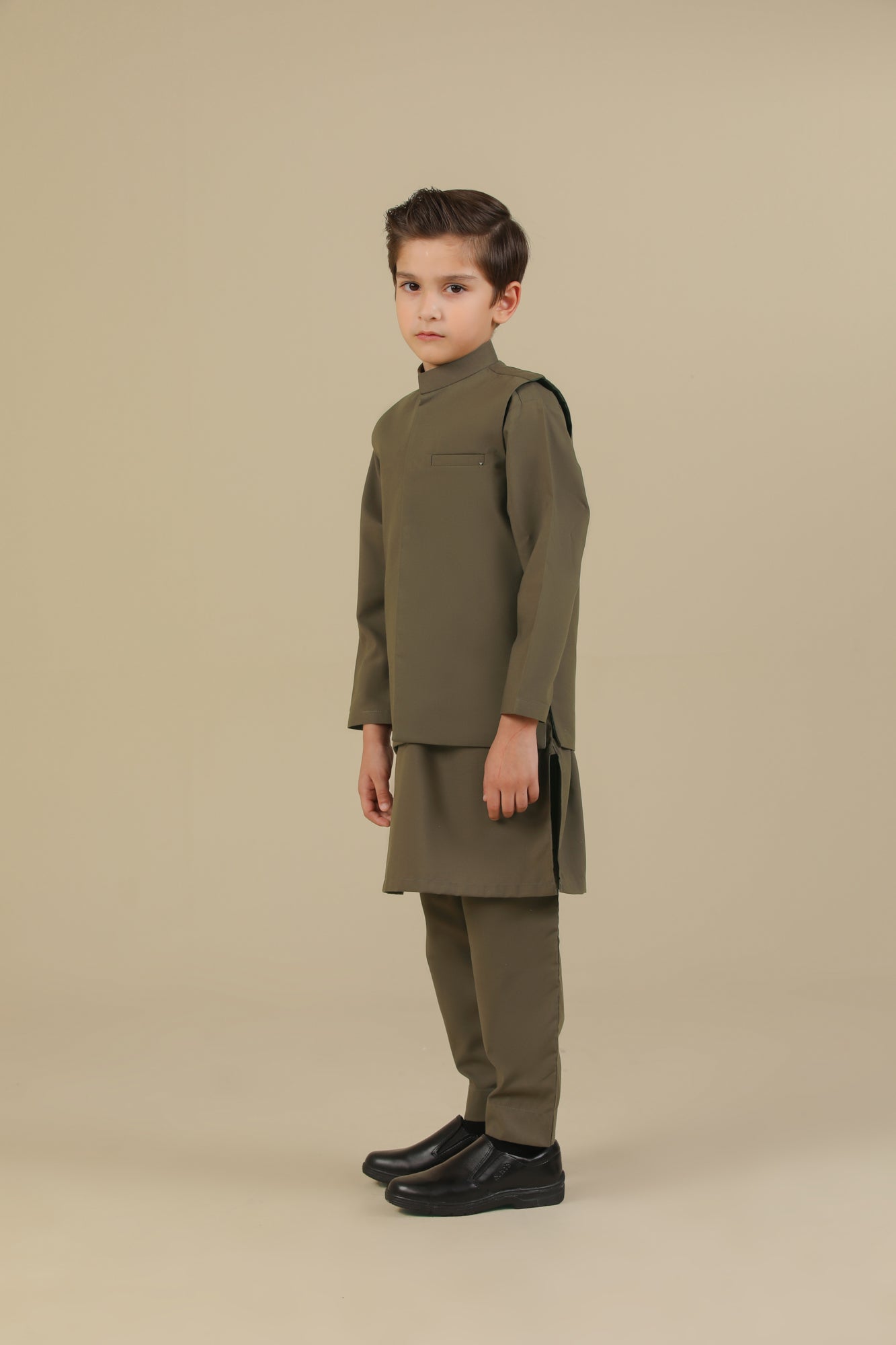 Olive Green Kurta Trouser with Blended Waistcoat - Kids