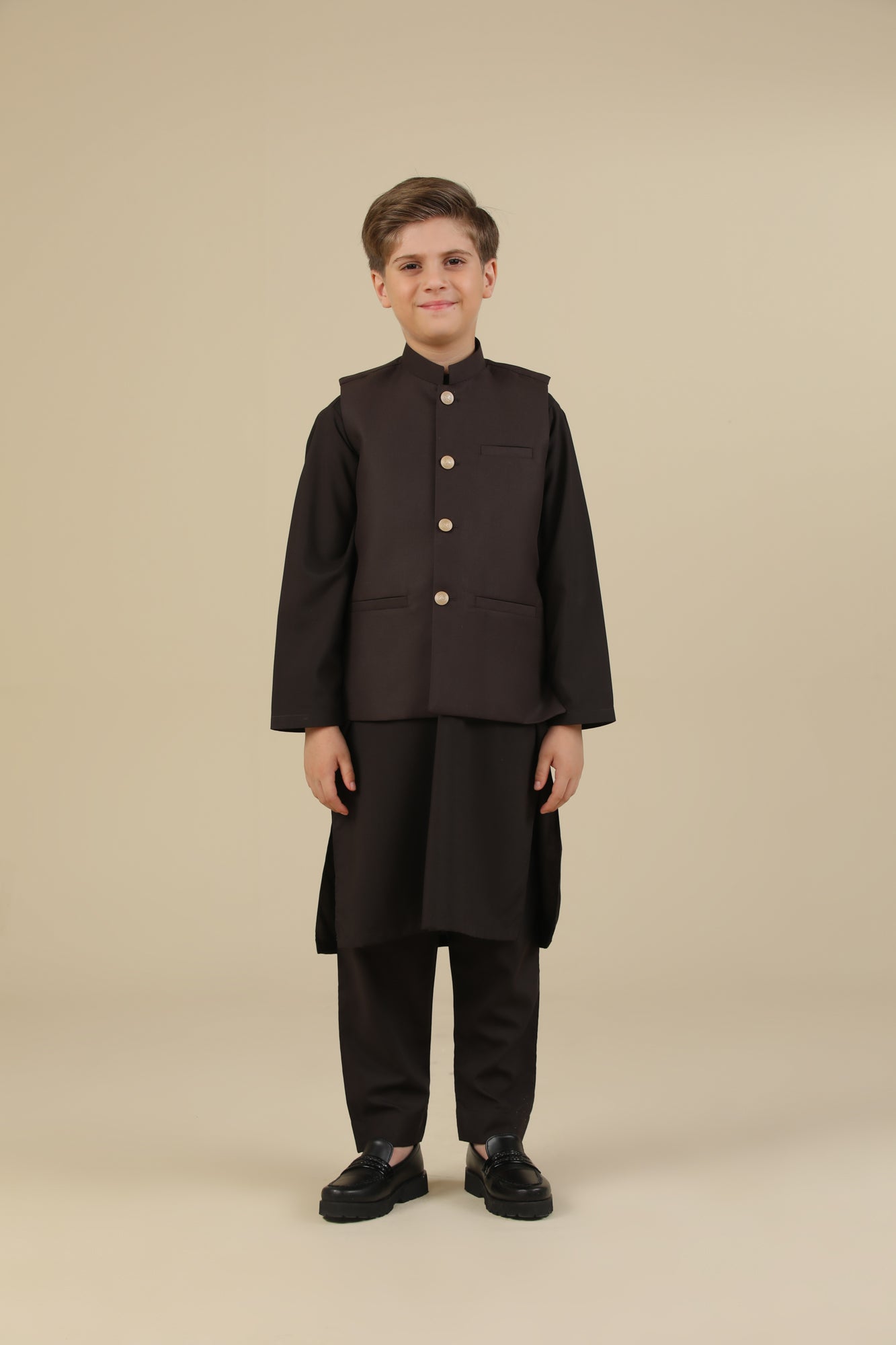 Dark Brown Kurta Trouser with Suiting Waistcoat - Straight Cut - Kids