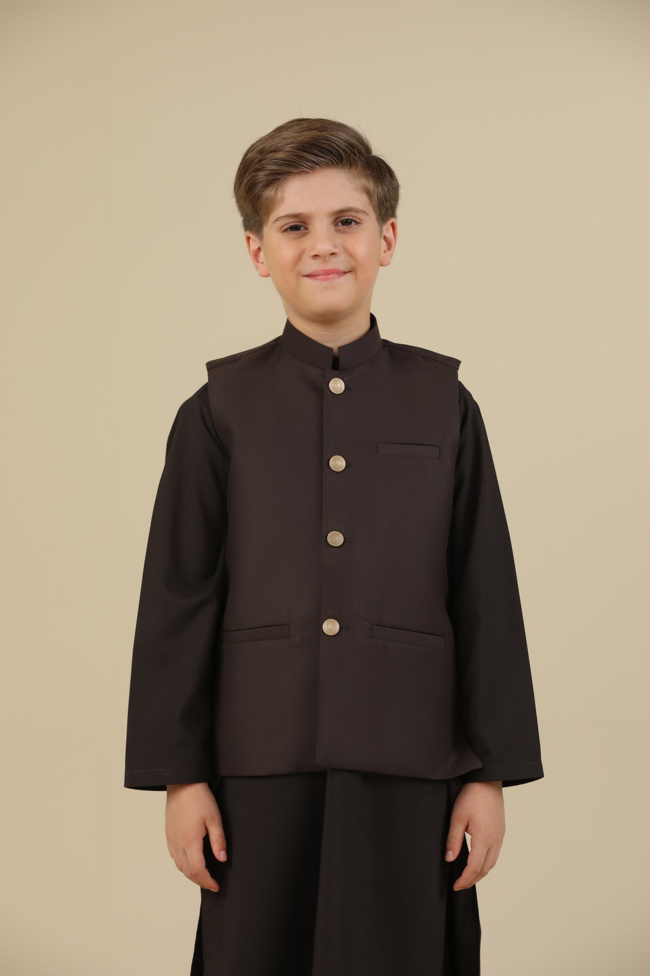 Dark Brown Kurta Trouser with Suiting Waistcoat - Straight Cut - Kids