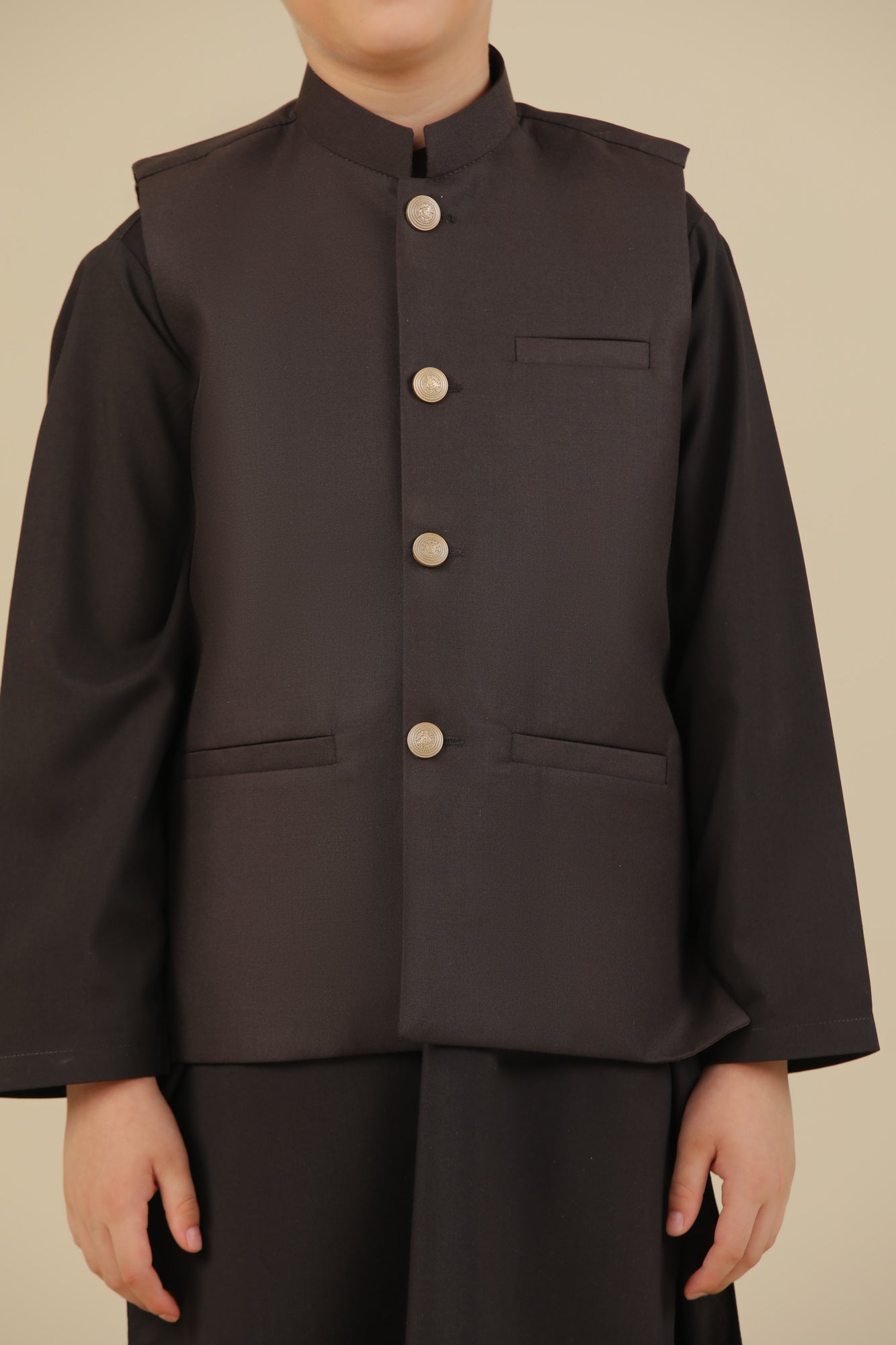 Dark Brown Kurta Trouser with Suiting Waistcoat - Straight Cut - Kids
