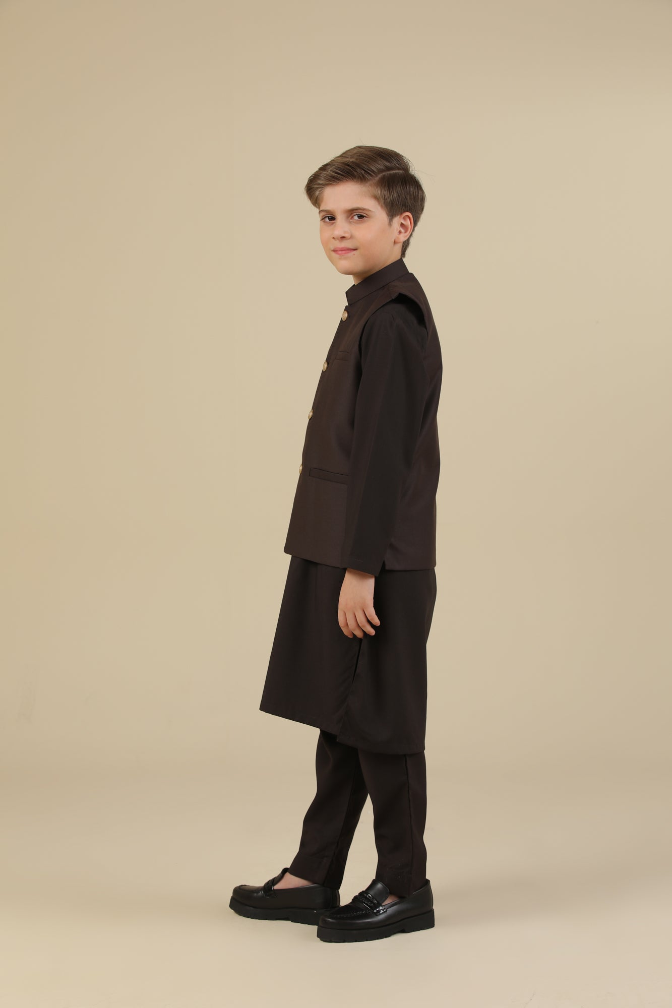 Dark Brown Kurta Trouser with Suiting Waistcoat - Straight Cut - Kids