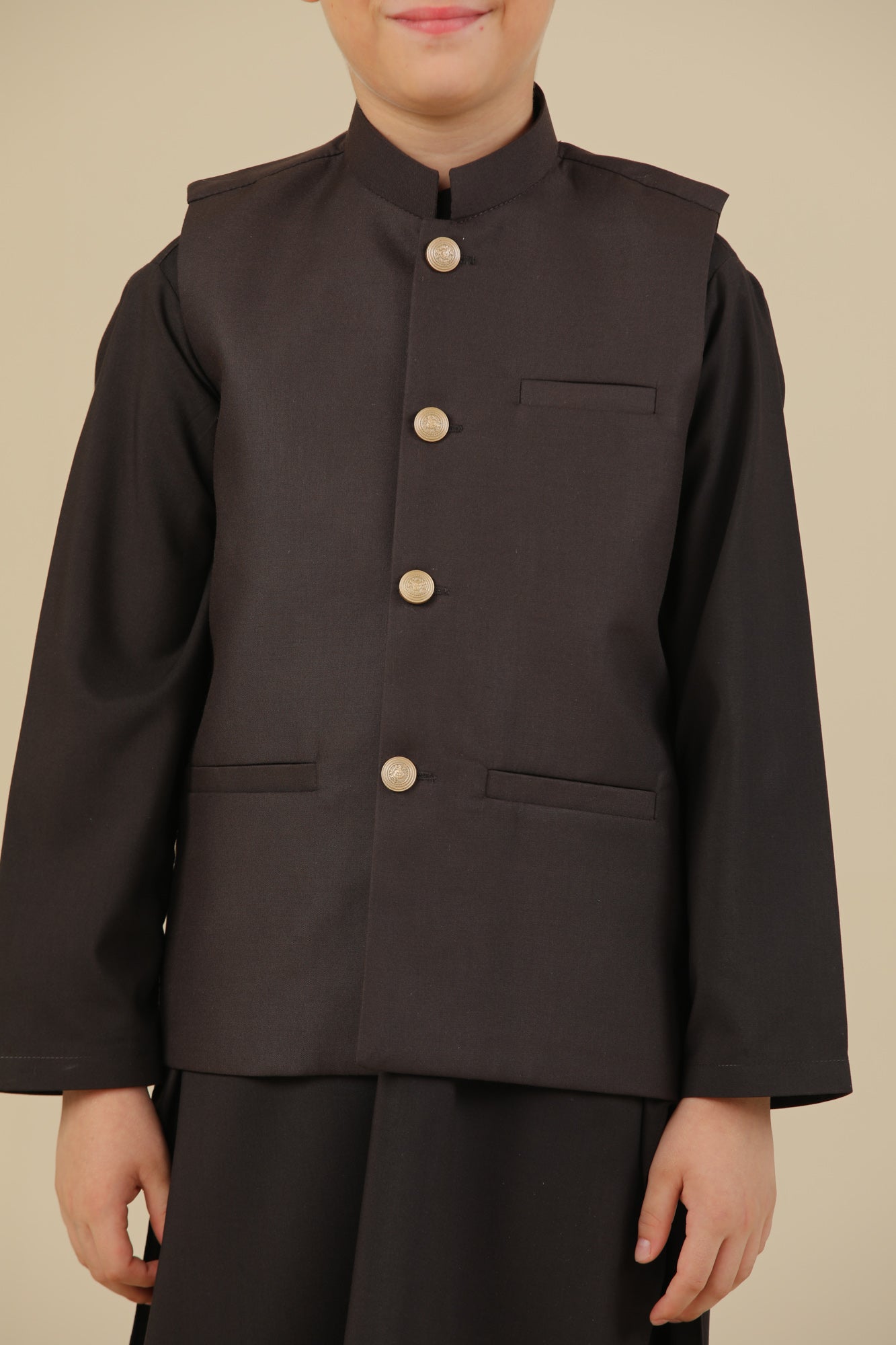 Dark Brown Kurta Trouser with Suiting Waistcoat - Straight Cut - Kids