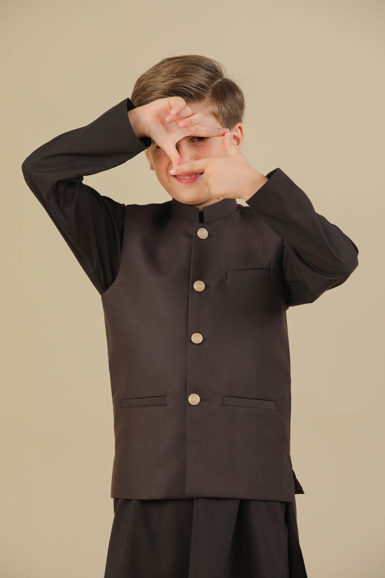 Dark Brown Kurta Trouser with Suiting Waistcoat - Straight Cut - Kids