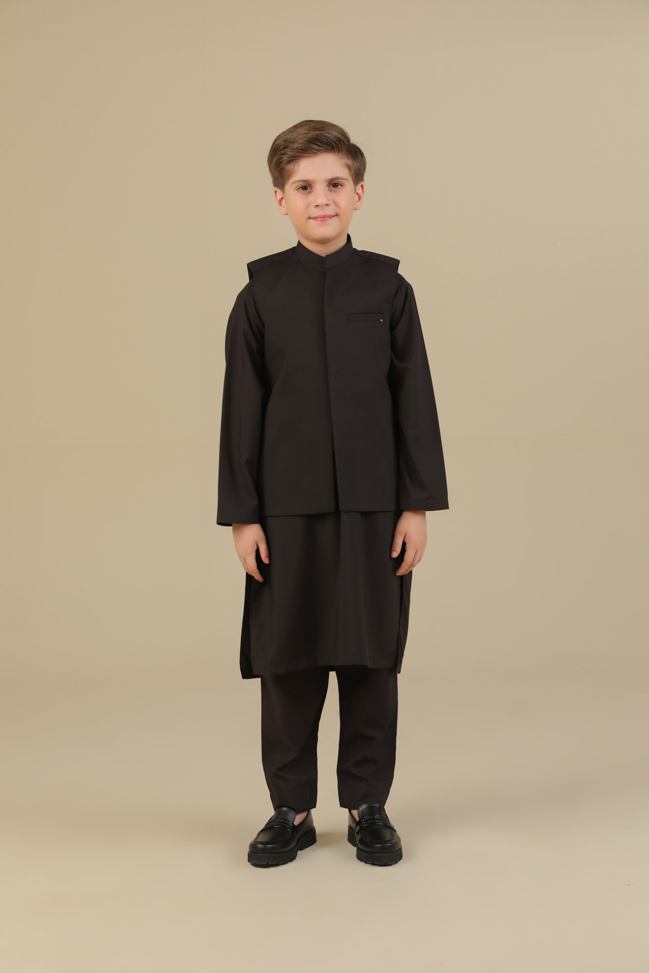 Dark Brown Kurta Trouser with Blended Waistcoat - Kids