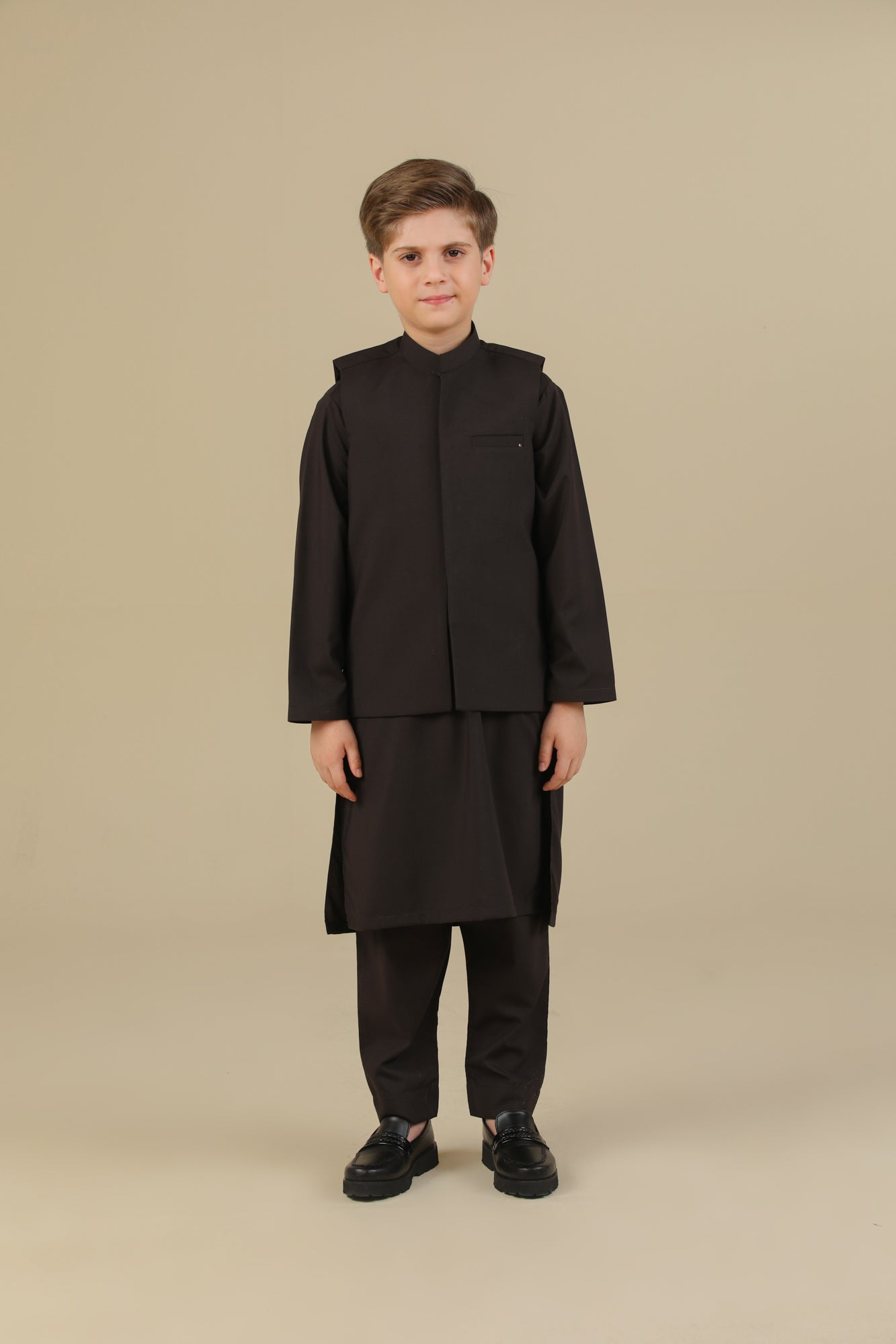 Dark Brown Kurta Trouser with Blended Waistcoat - Kids