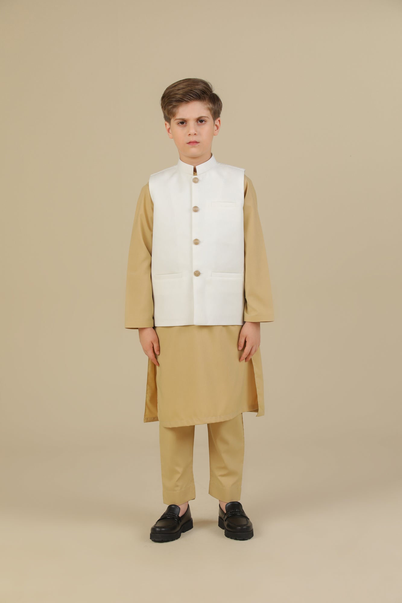 Ivory Kurta Trouser with Off White Suiting Waistcoat - Straight Cut - Kids