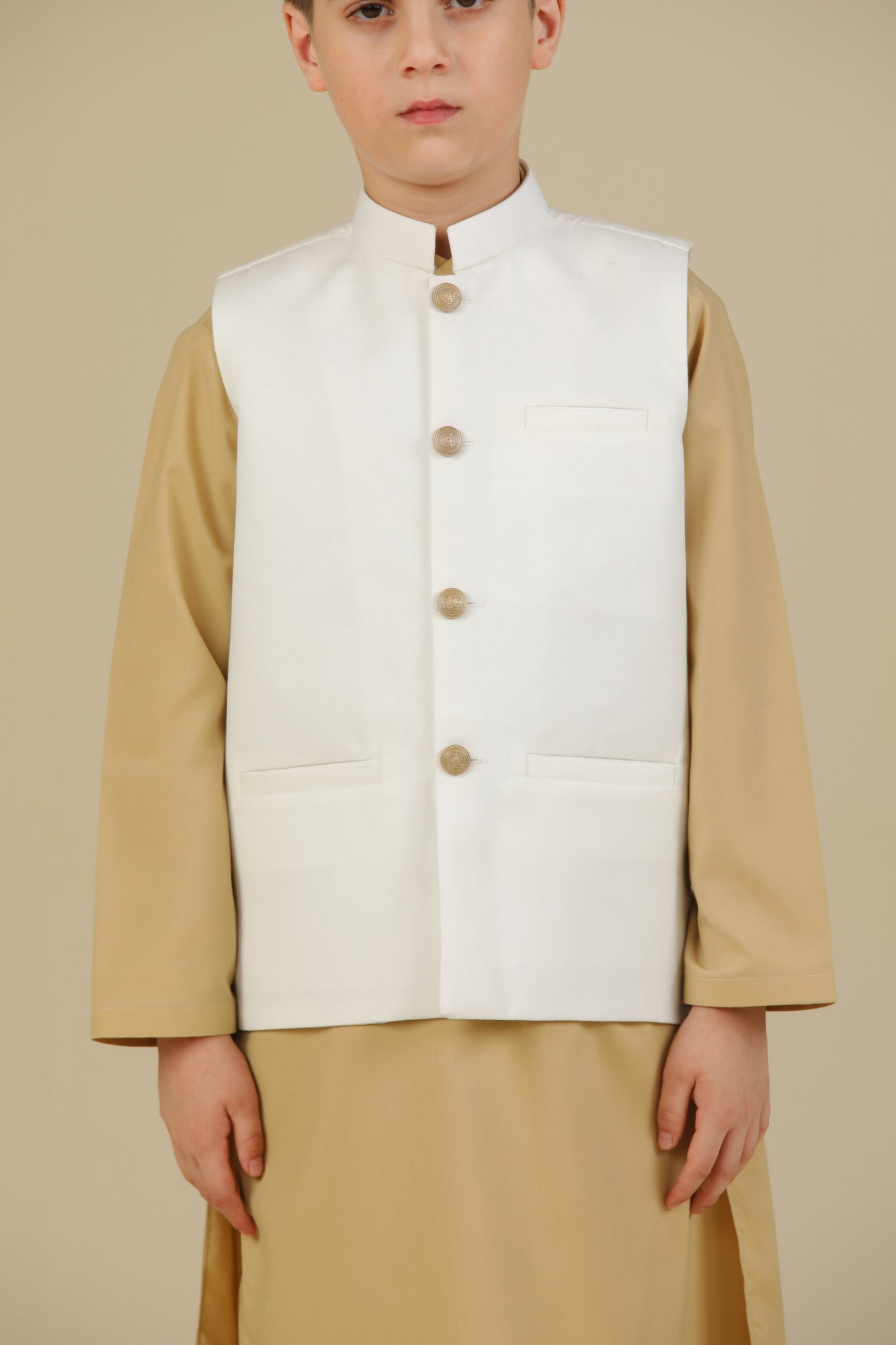 Ivory Kurta Trouser with Off White Suiting Waistcoat - Straight Cut - Kids