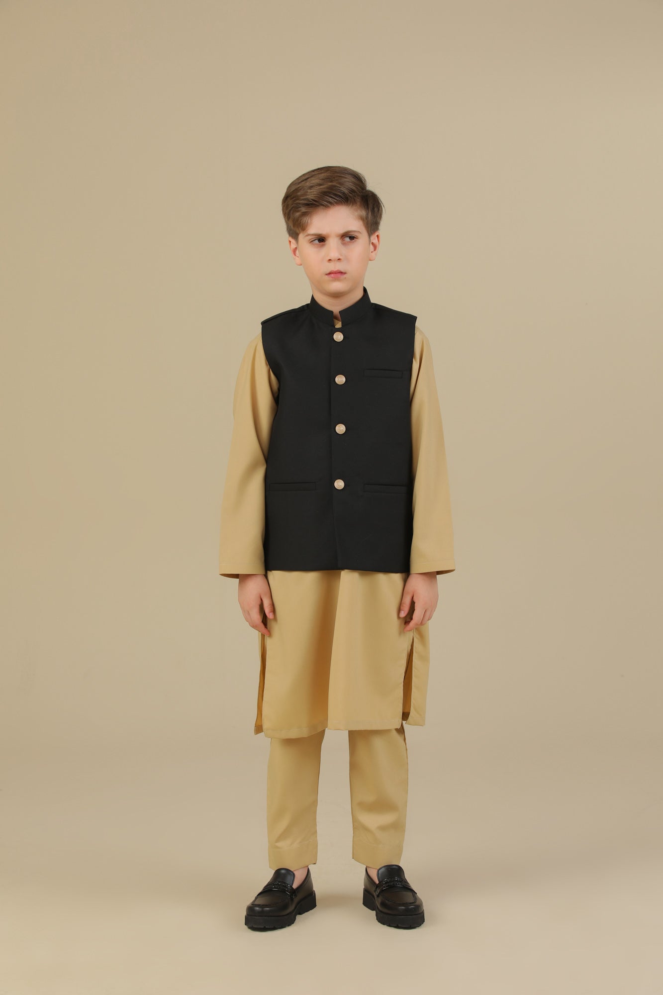 Ivory Kurta Trouser with Black Suiting Waistcoat - Straight Cut - Kids