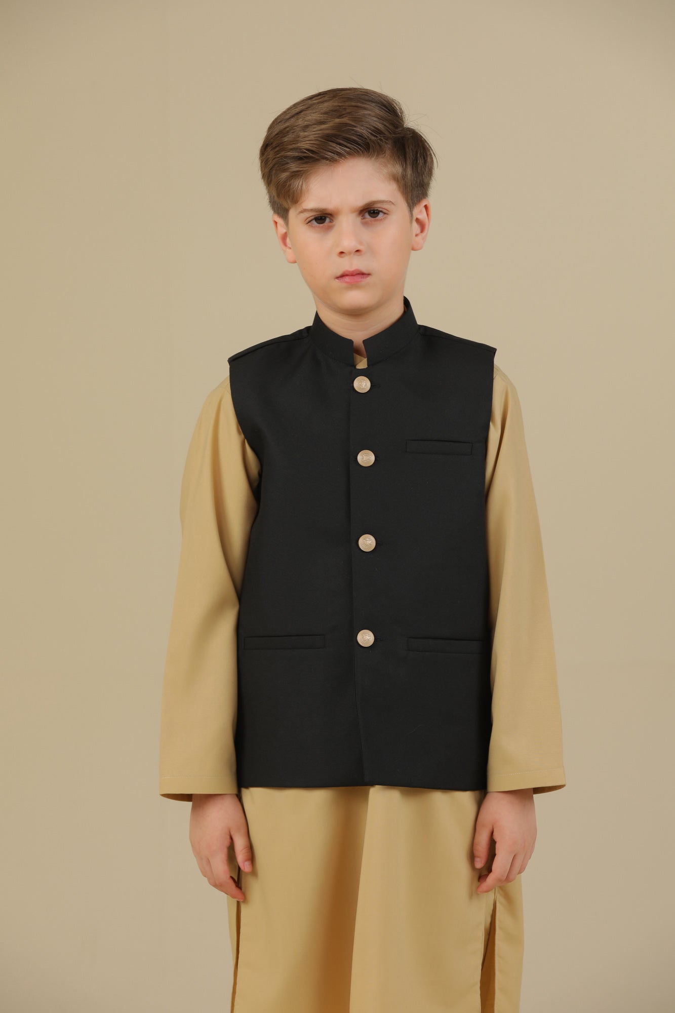 Ivory Kurta Trouser with Black Suiting Waistcoat - Straight Cut - Kids