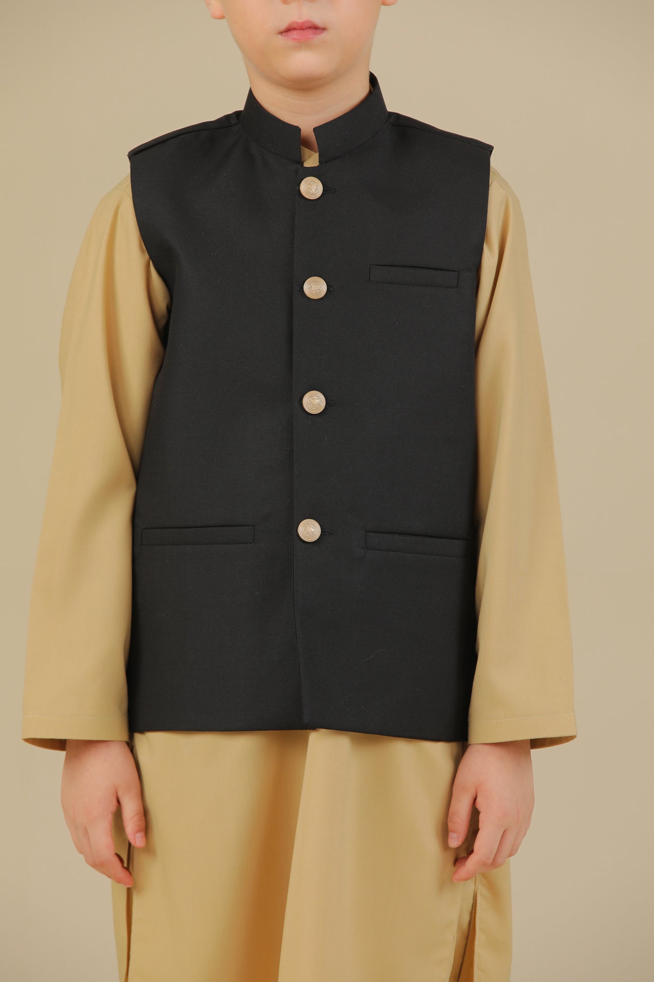 Ivory Kurta Trouser with Black Suiting Waistcoat - Straight Cut - Kids
