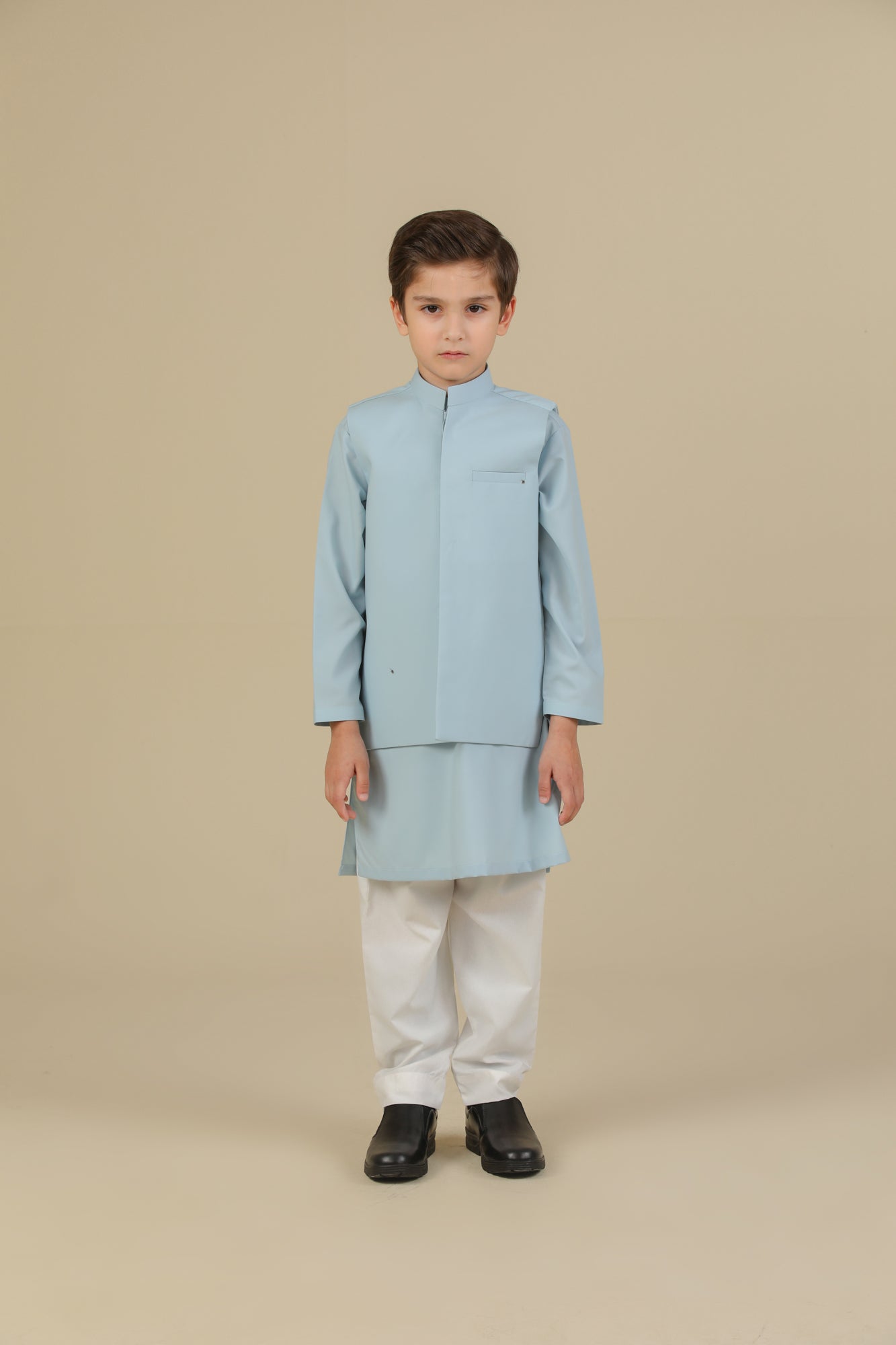 Sky Blue Kurta Trouser with Blended Waistcoat - Kids