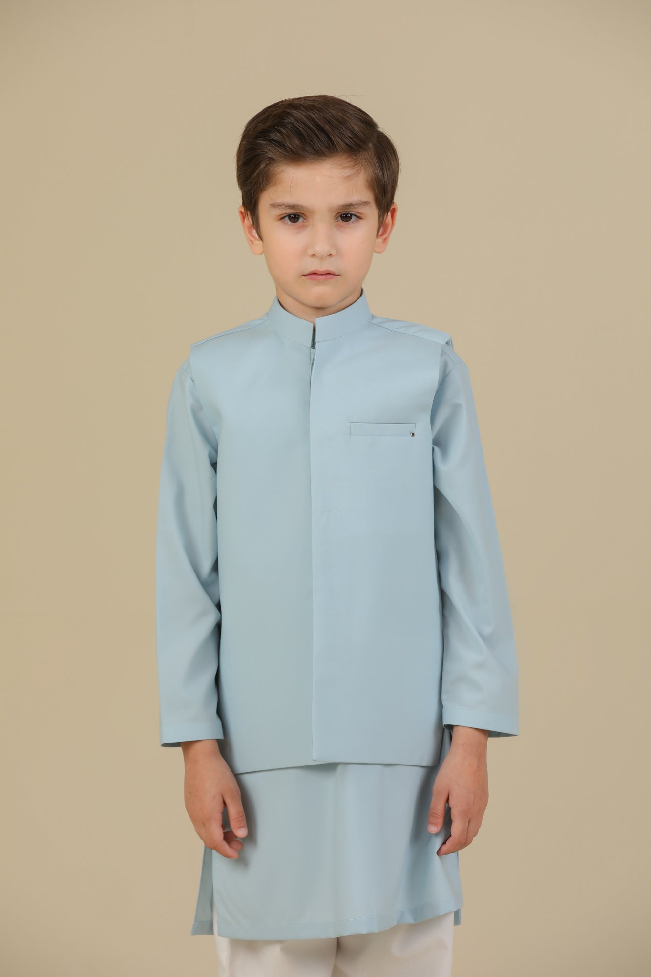 Sky Blue Kurta Trouser with Blended Waistcoat - Kids