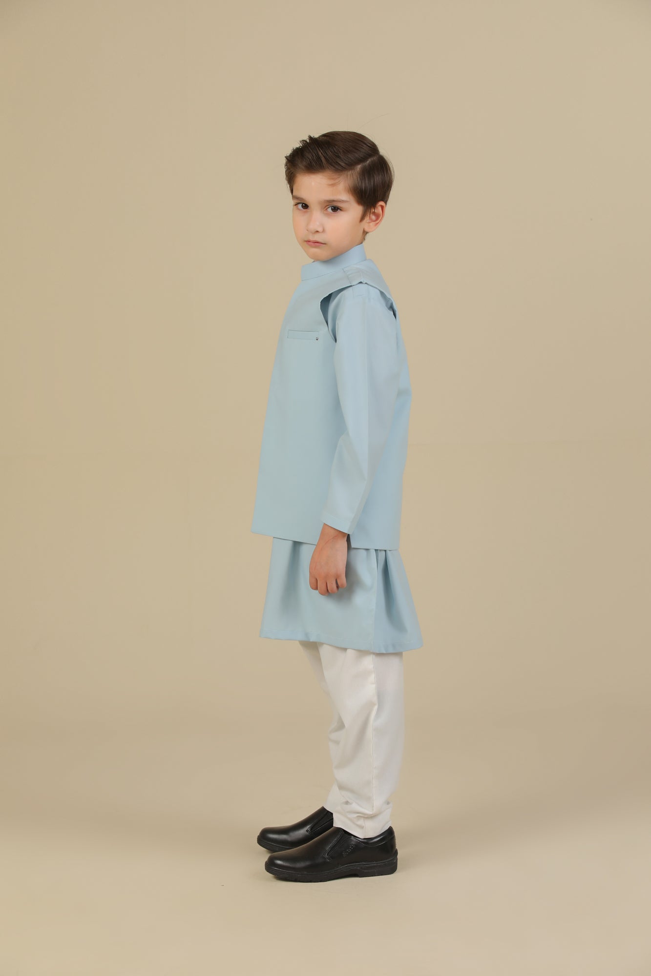 Sky Blue Kurta Trouser with Blended Waistcoat - Kids