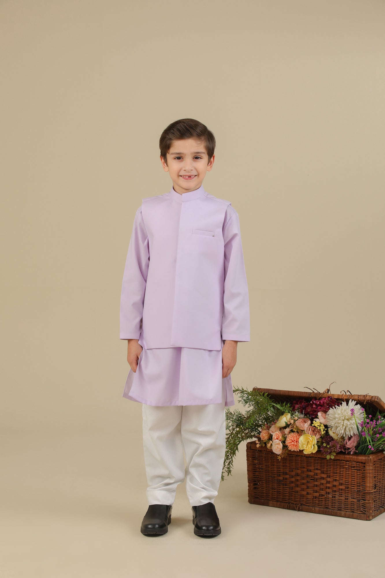 Lilac Kurta Trouser with Blended Waistcoat - Kids