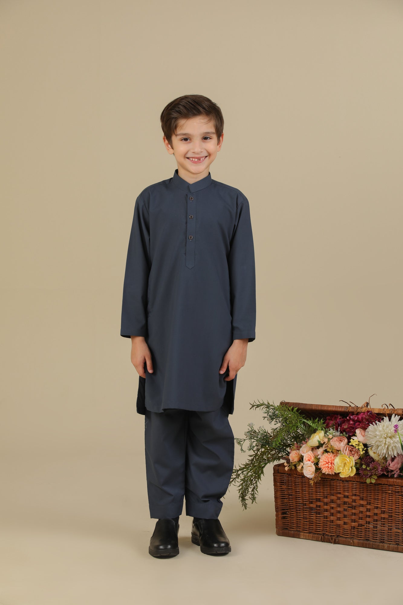Charcoal Grey Blended Kurta Trouser - Kids