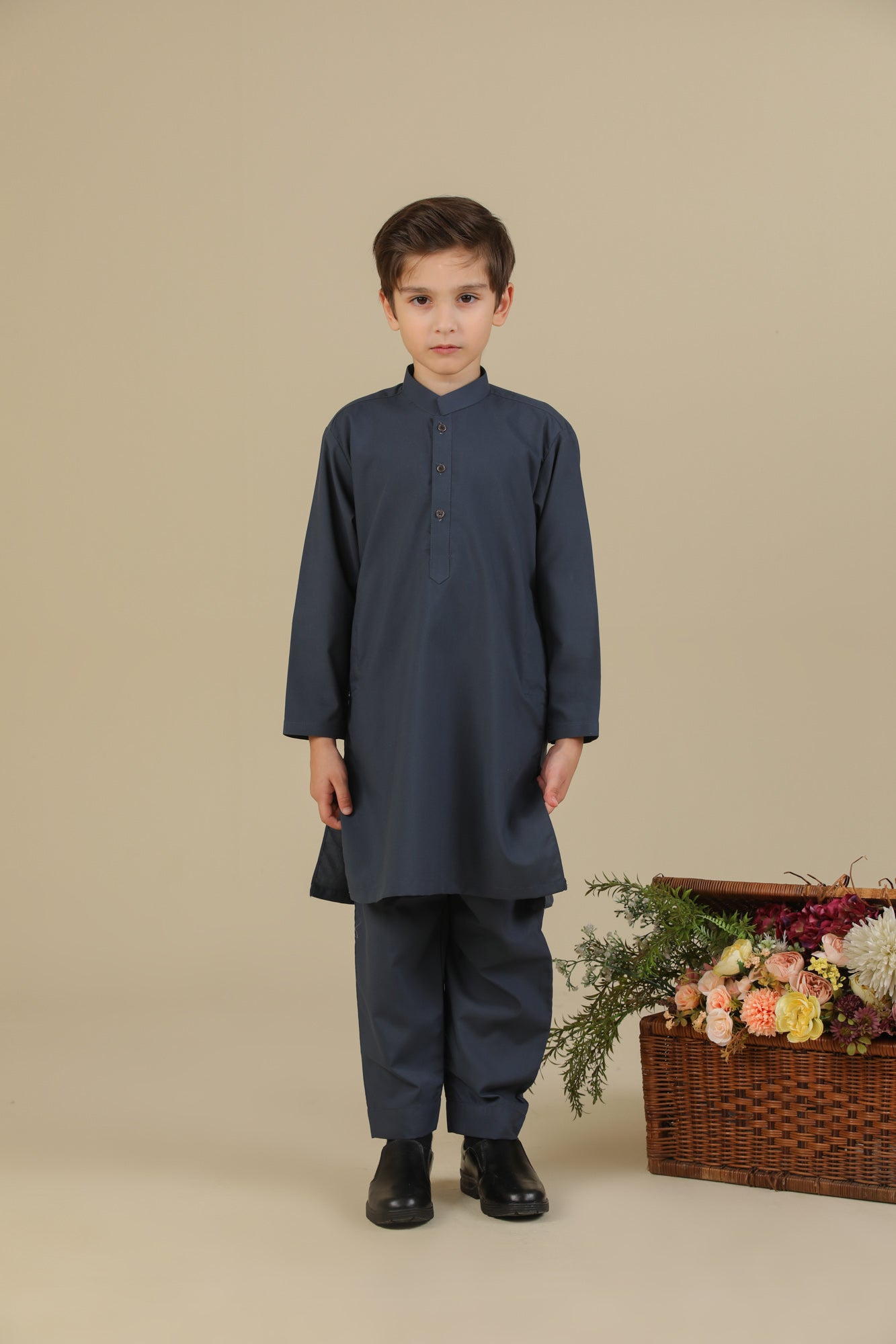 Charcoal Grey Blended Kurta Trouser - Kids
