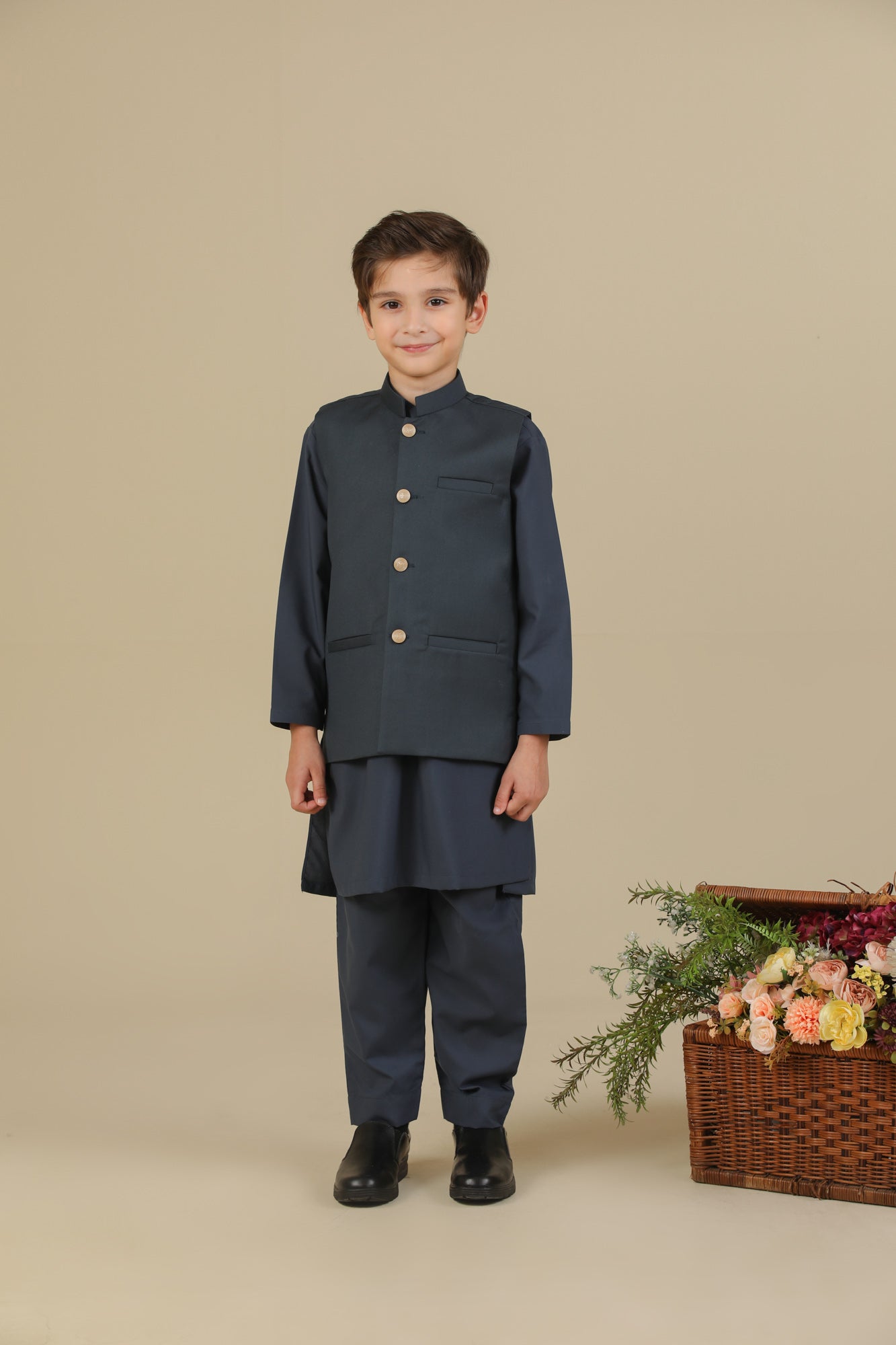 Charcoal Grey Kurta Trouser with Suiting Waistcoat - Straight Cut - Kids