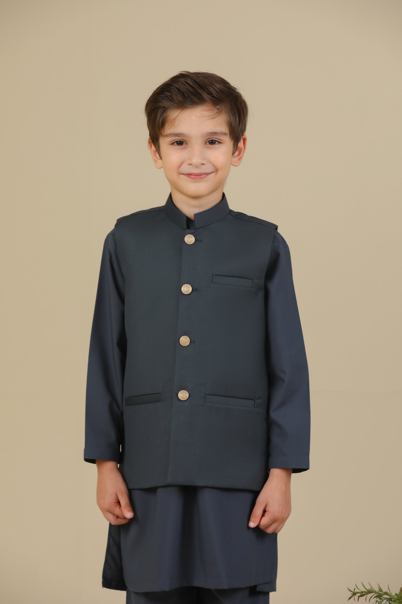 Charcoal Grey Kurta Trouser with Suiting Waistcoat - Straight Cut - Kids