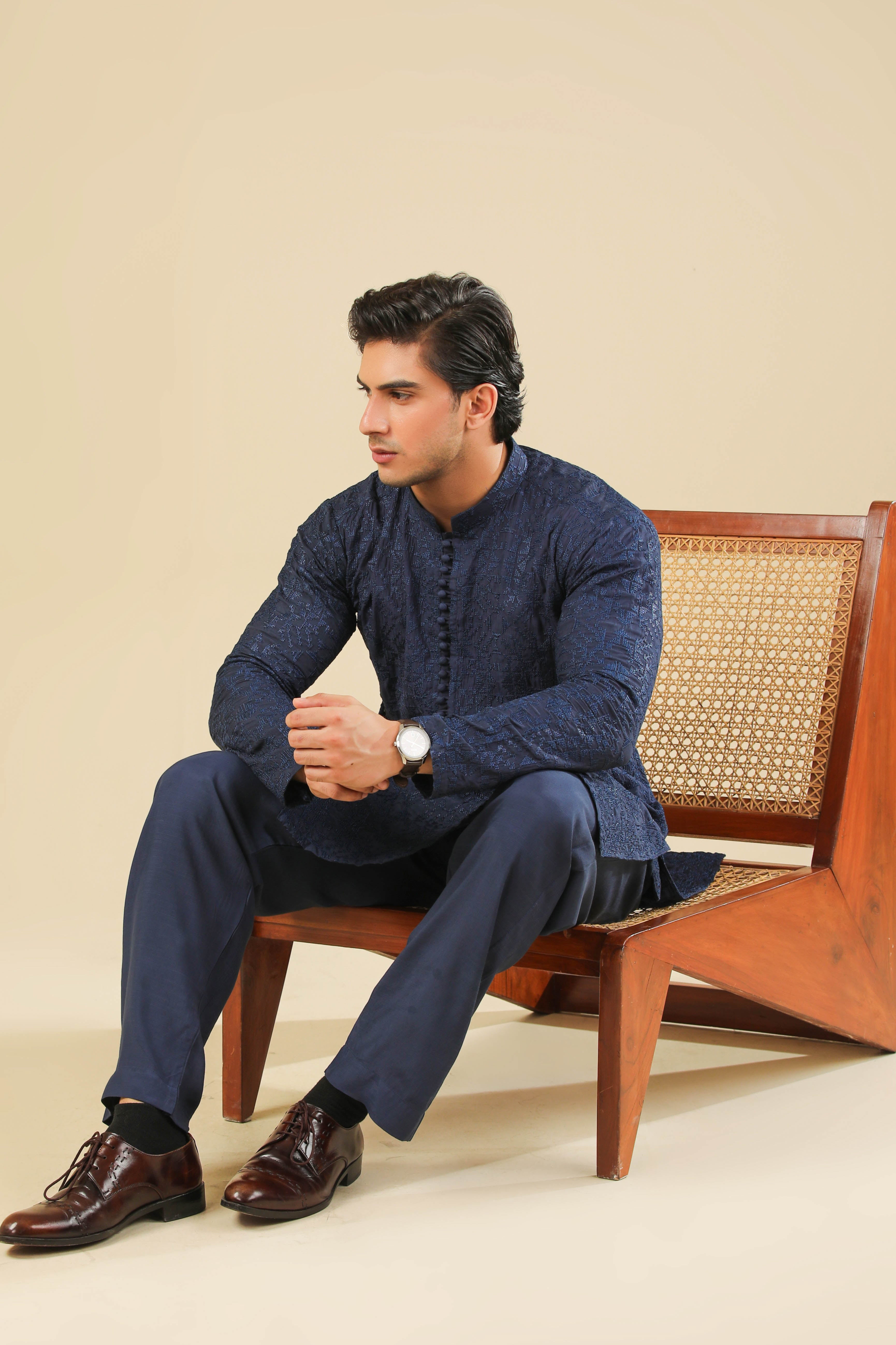 Feroz - Dark Blue Raw Silk Embroidered Kurta Trouser - Men