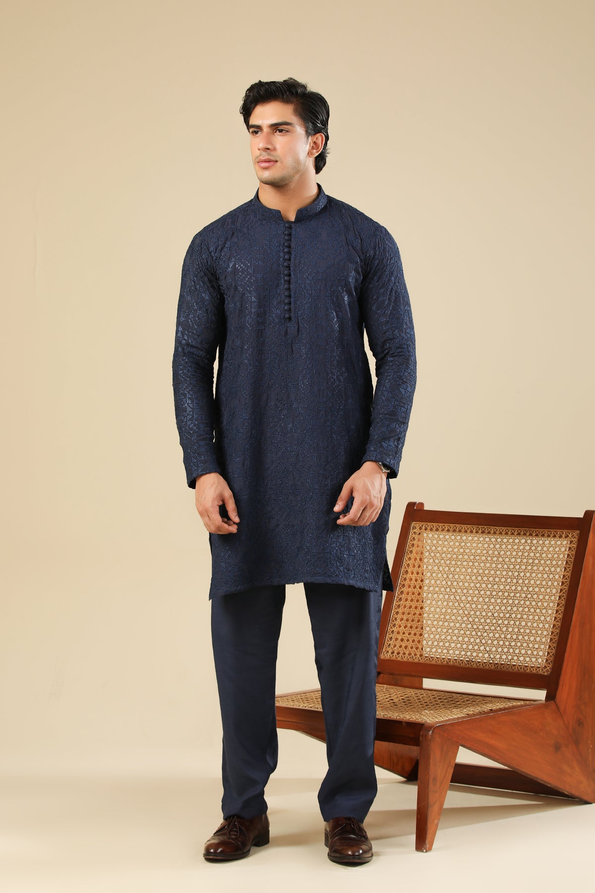 Feroz - Dark Blue Raw Silk Embroidered Kurta Trouser - Men