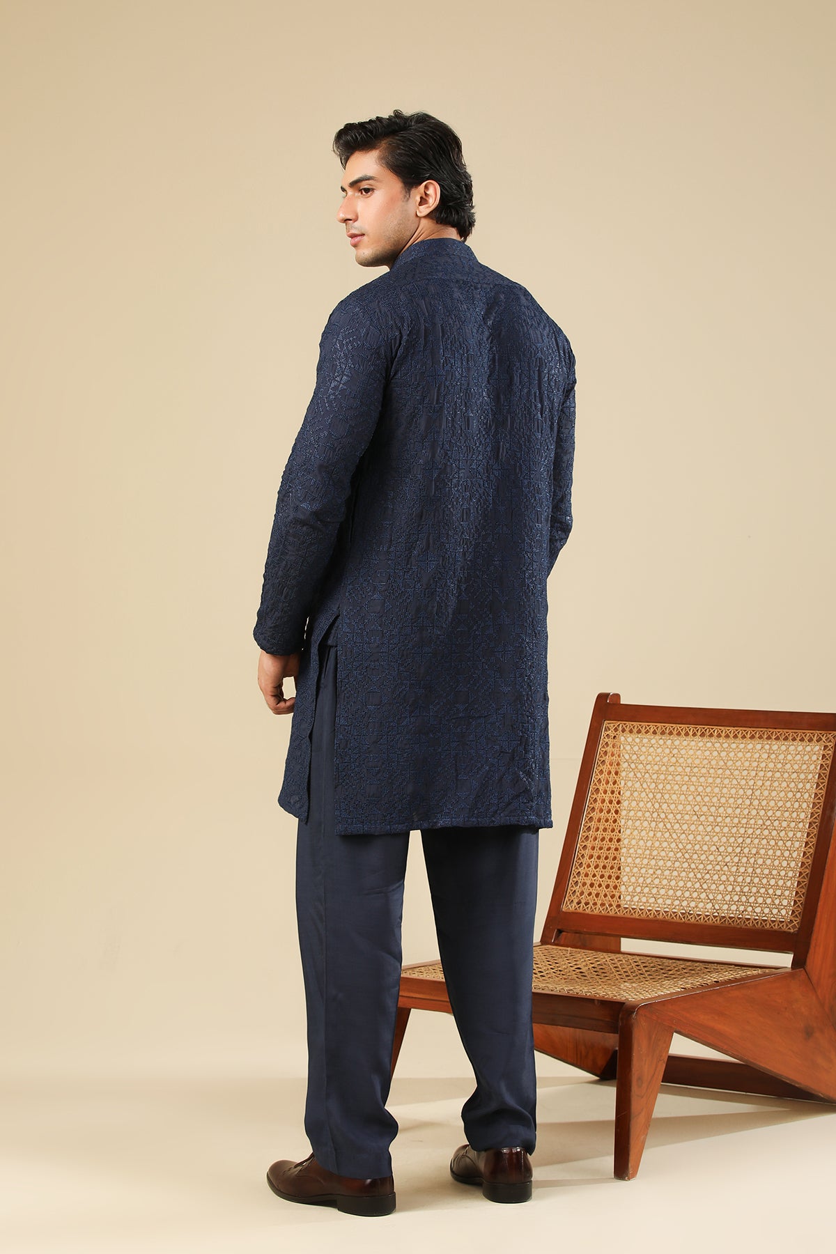 Feroz - Dark Blue Raw Silk Embroidered Kurta Trouser - Men