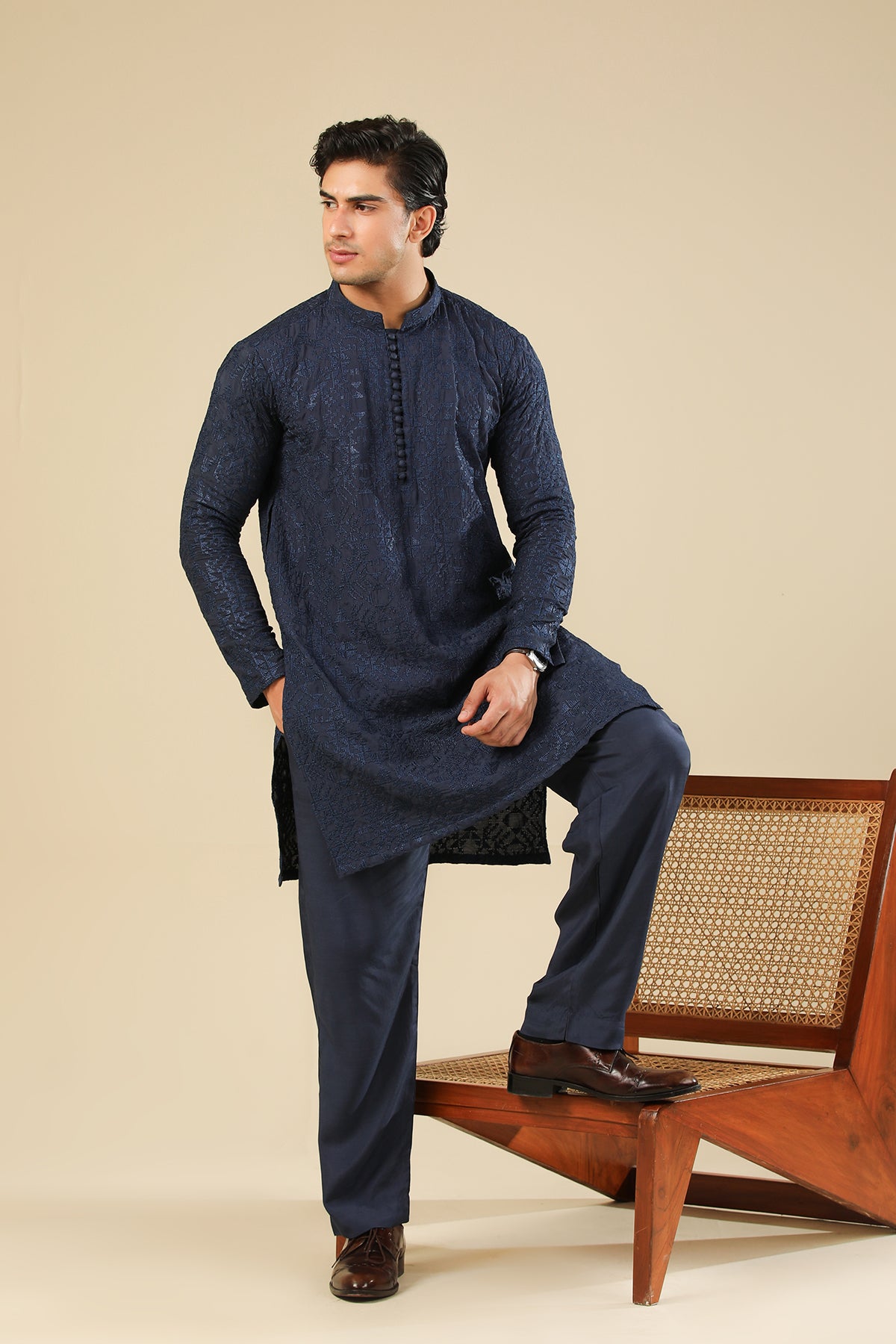 Feroz - Dark Blue Raw Silk Embroidered Kurta Trouser - Men