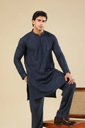 Feroz - Dark Blue Raw Silk Embroidered Kurta Trouser - Men