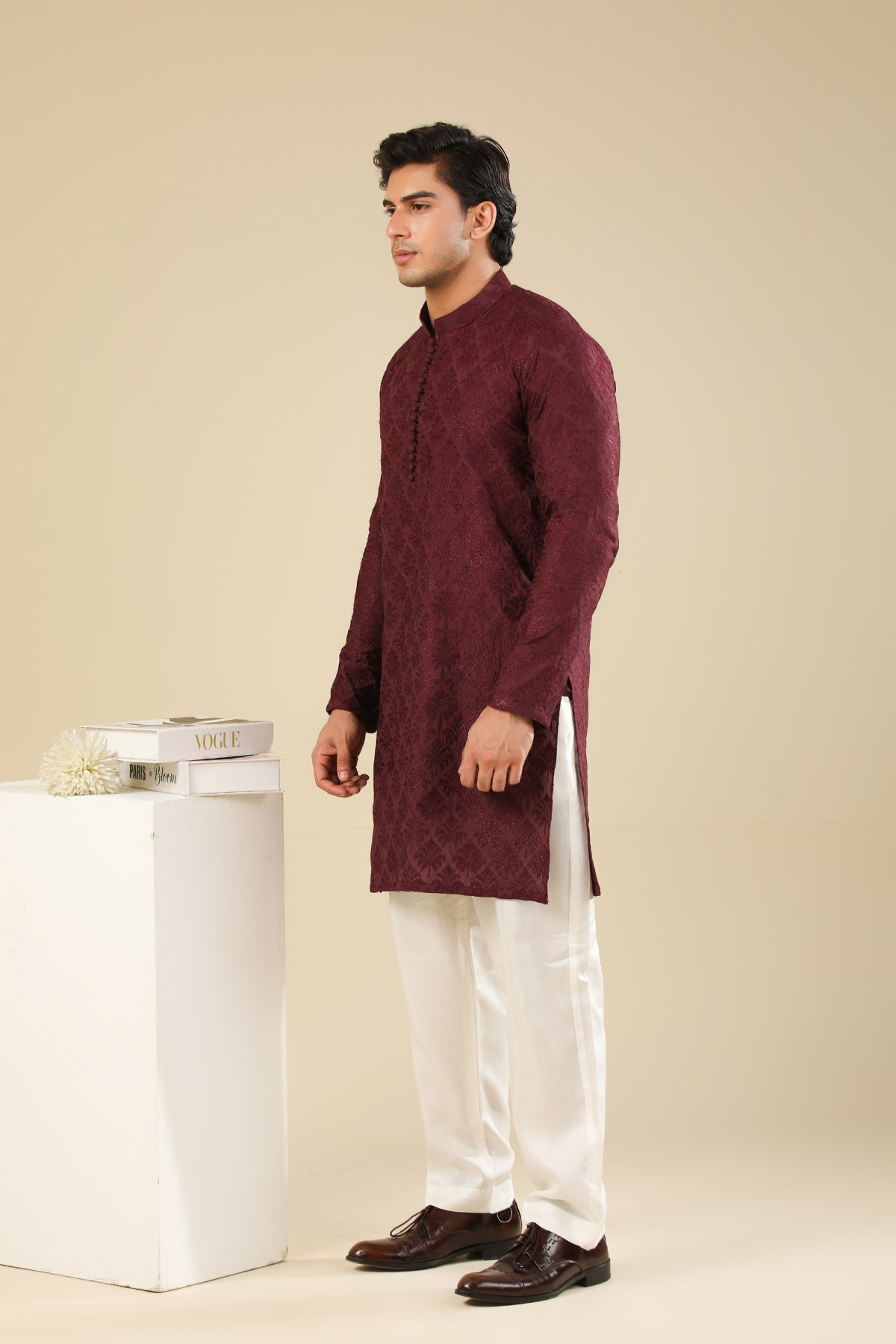 Miras - Maroon Raw Silk Embroidered Kurta Trouser - Men
