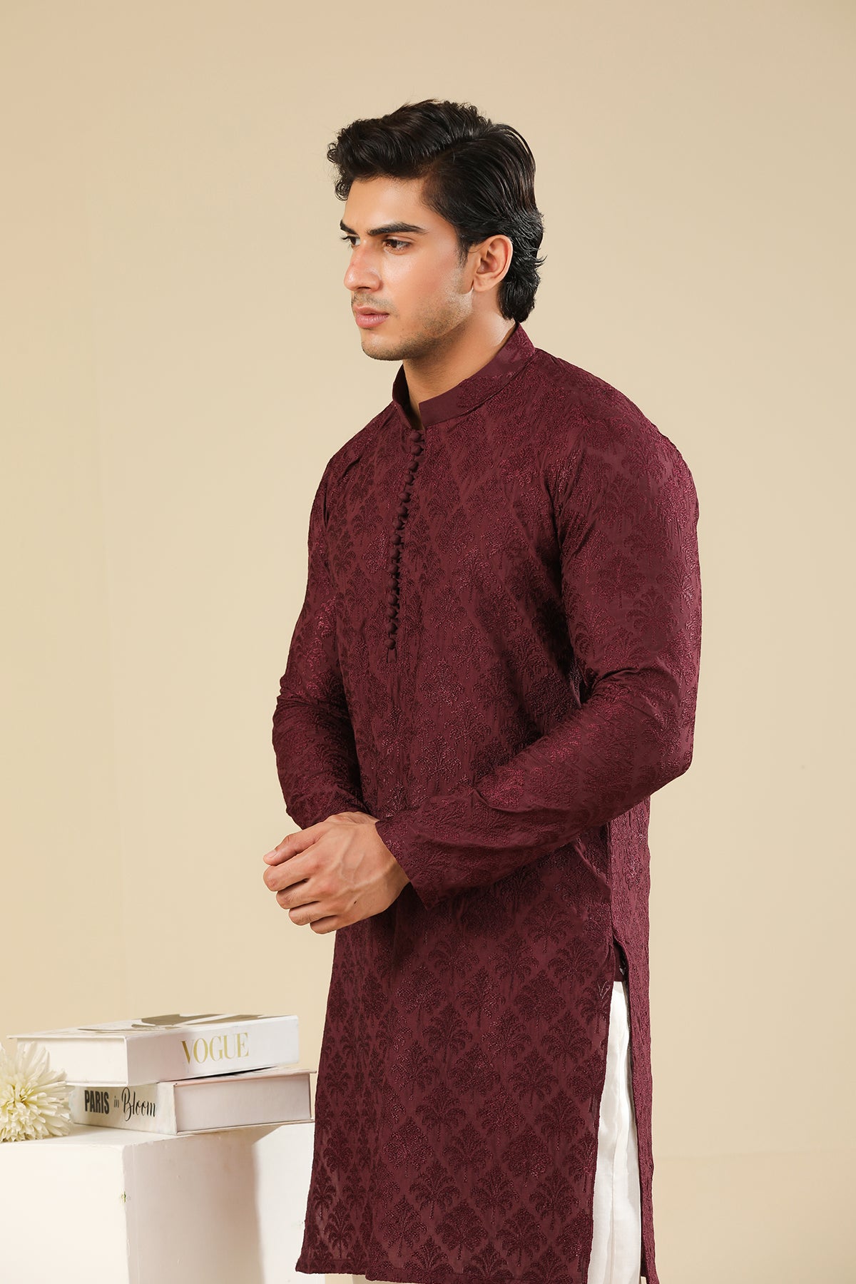 Miras - Maroon Raw Silk Embroidered Kurta Trouser - Men