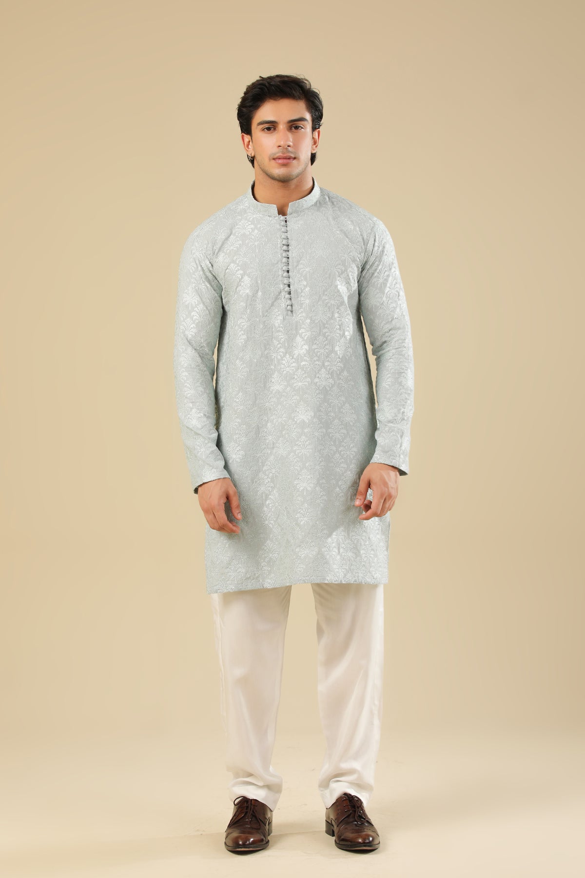 Abroo - Ice Blue Raw Silk Embroidered Kurta Trouser - Men