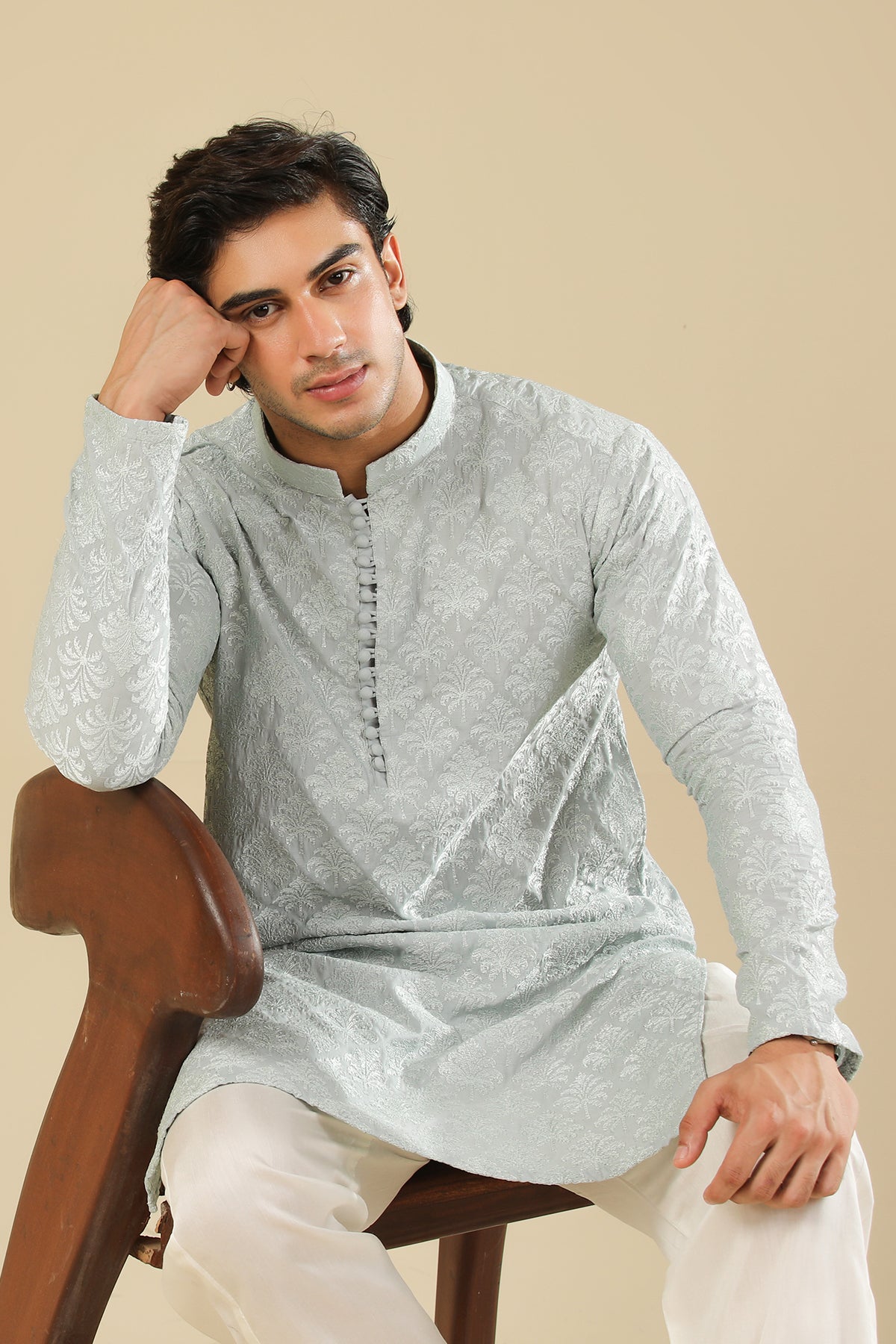 Abroo - Ice Blue Raw Silk Embroidered Kurta Trouser - Men