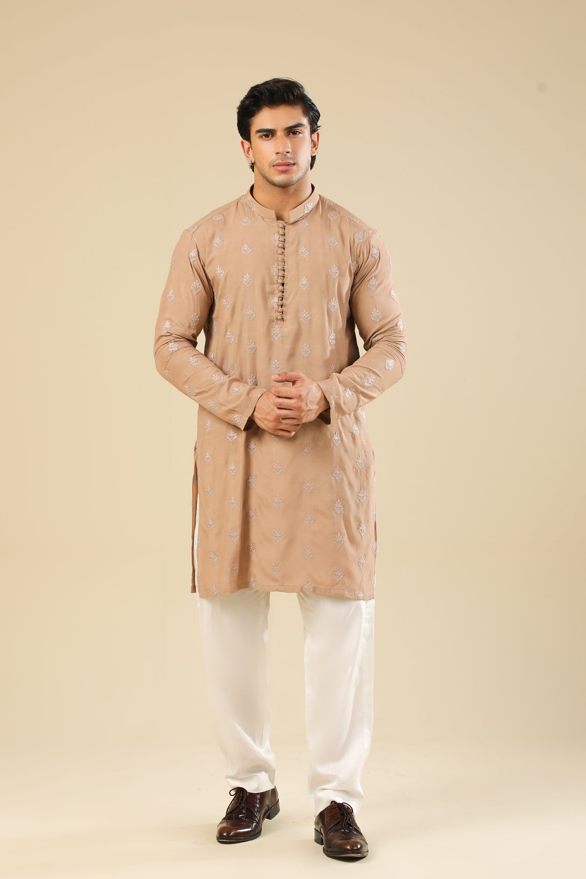 Mehrab - Sandstone Raw Silk Embroidered Kurta Trouser - Men