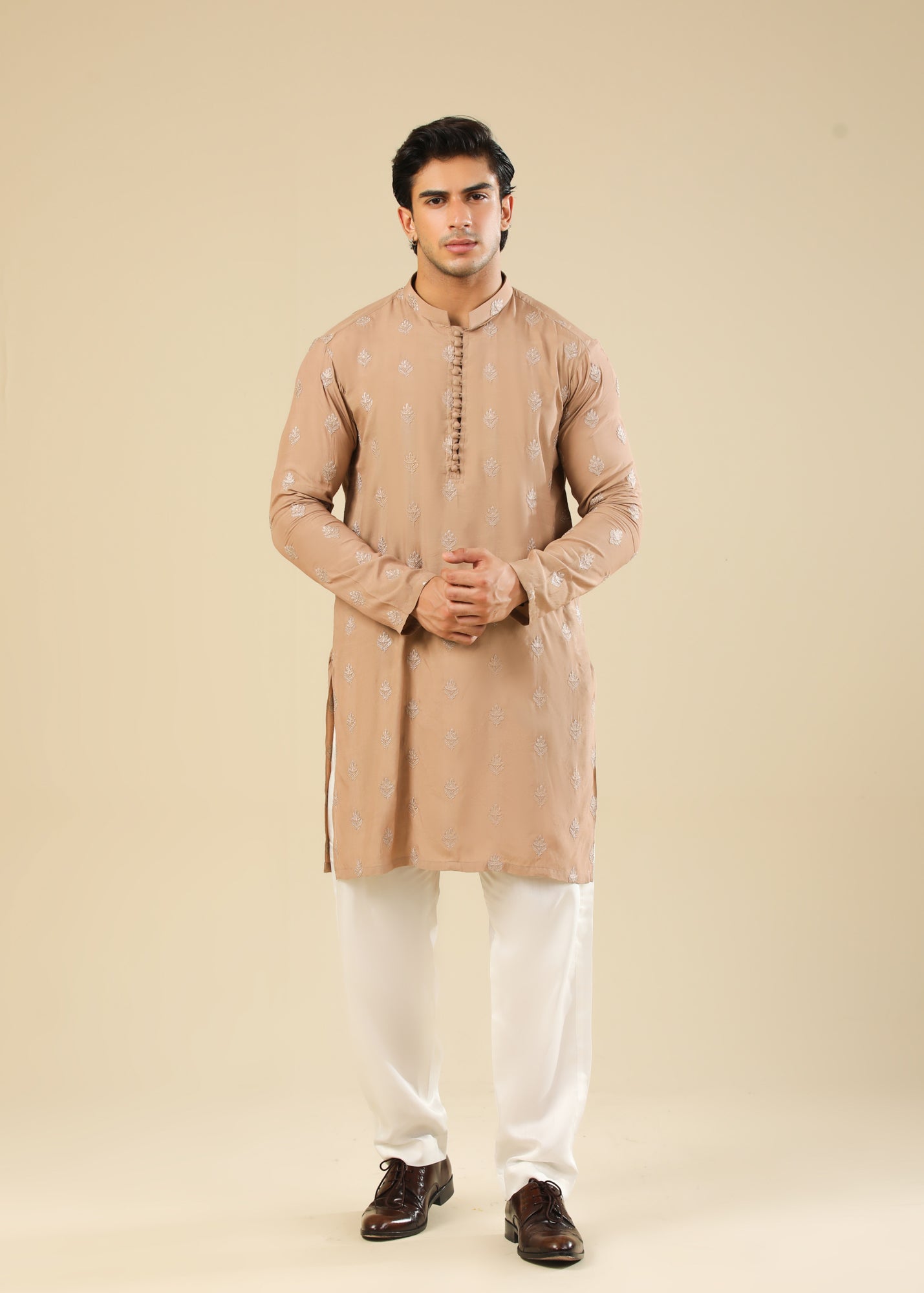 Mehrab - Sandstone Raw Silk Embroidered Kurta Trouser - Men