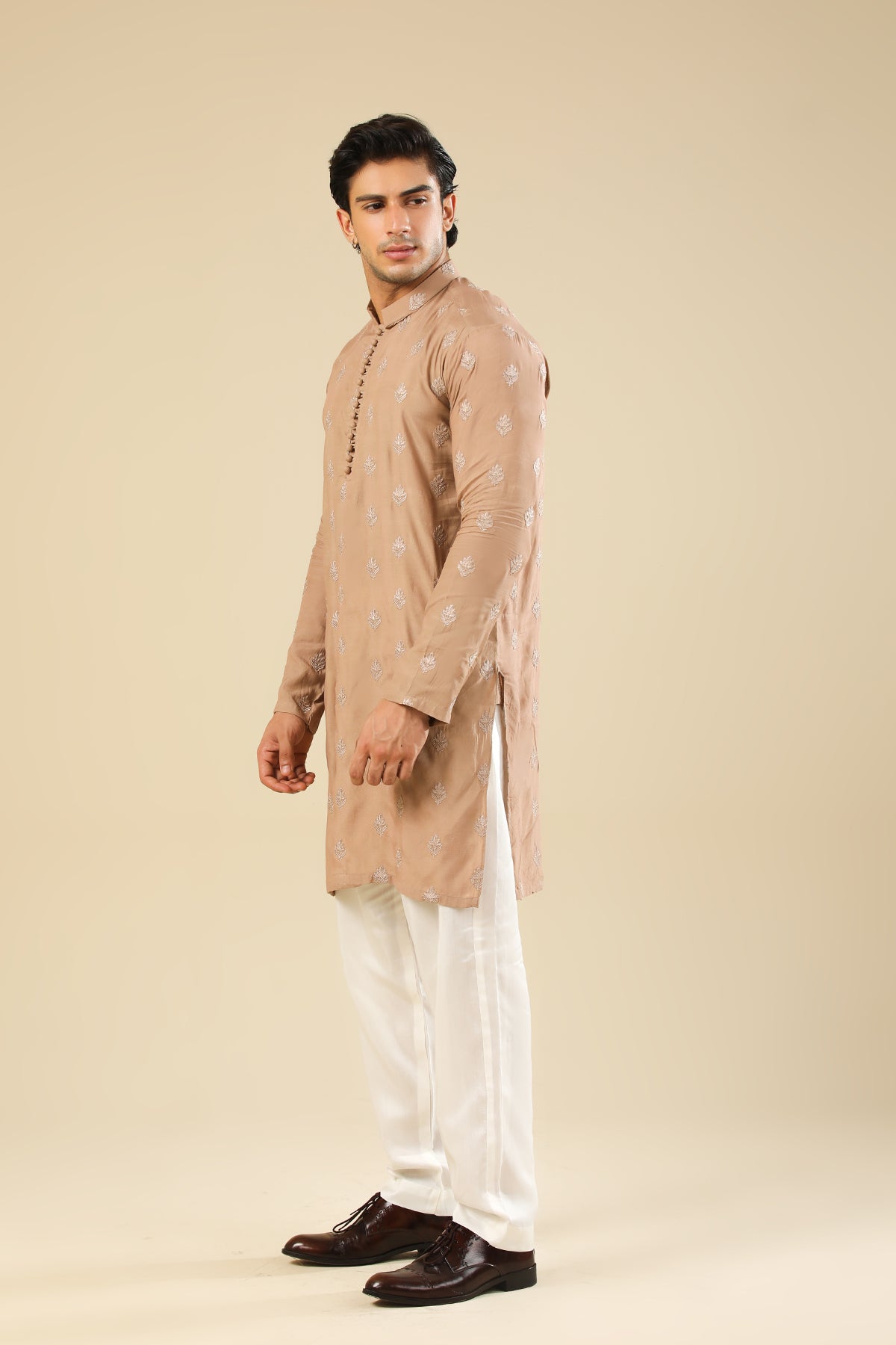 Mehrab - Sandstone Raw Silk Embroidered Kurta Trouser - Men
